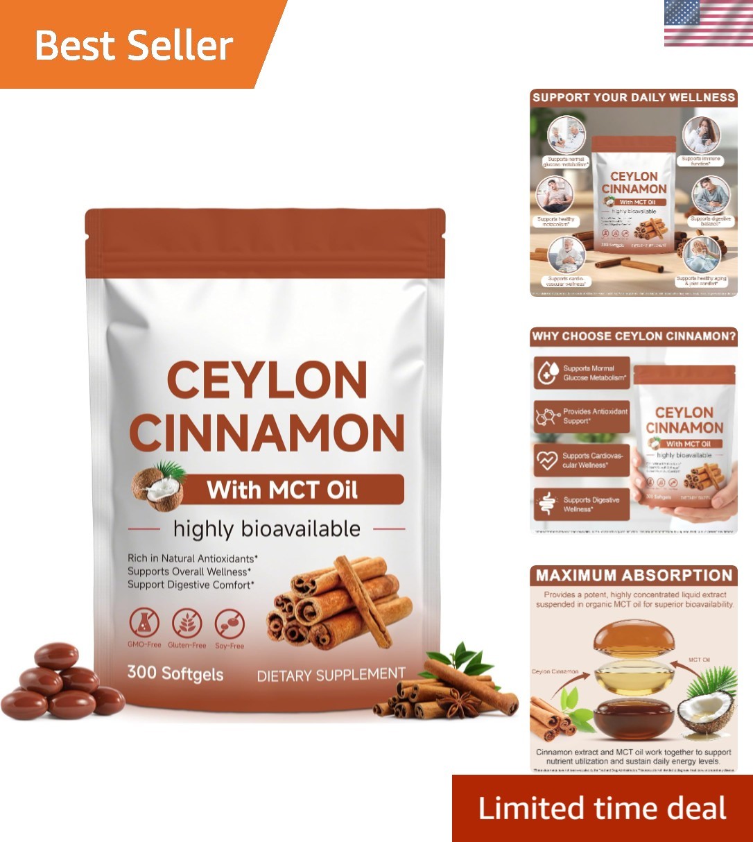 Ceylon Cinnamon Softgels with MCT Oil – 300 Count for Total Wellness
