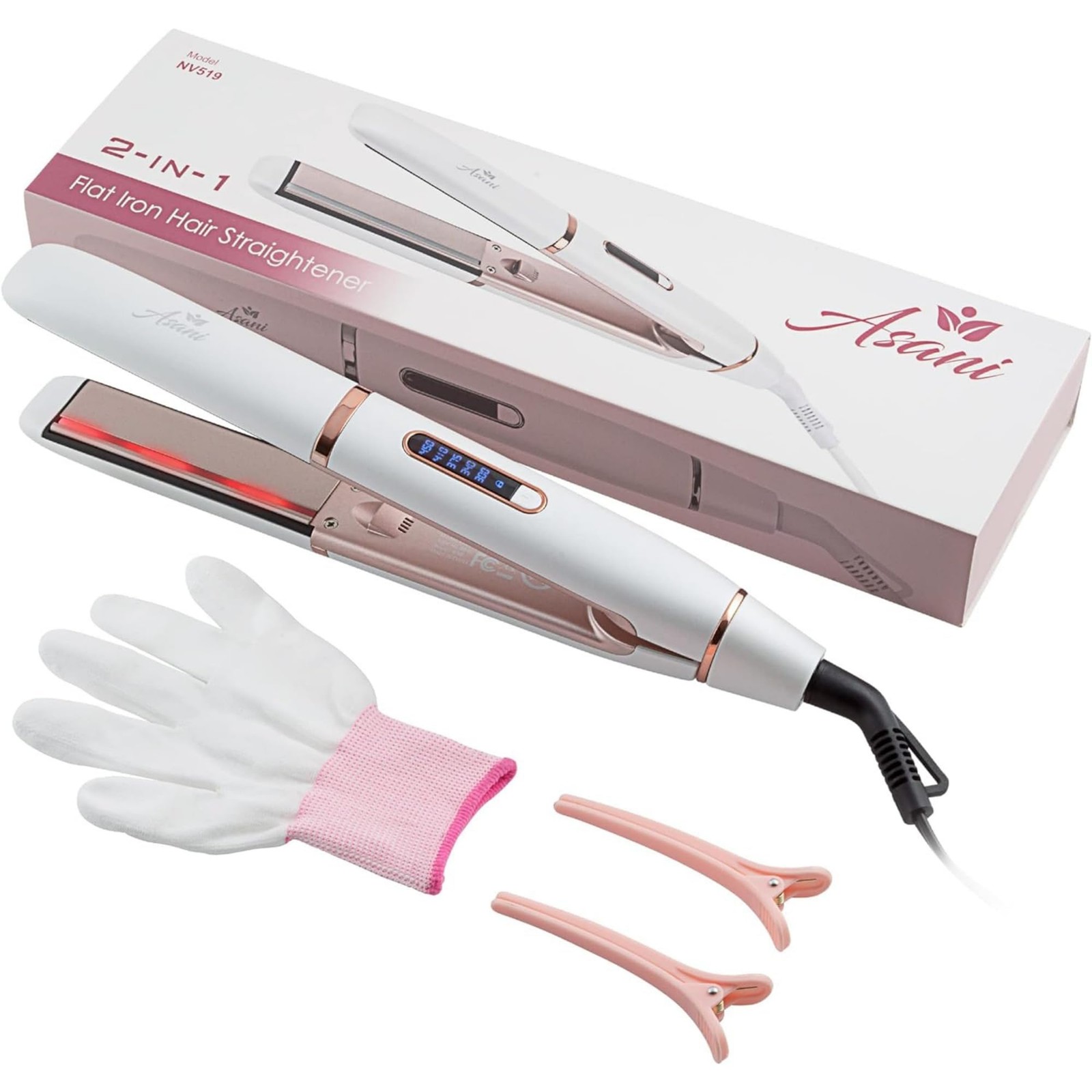 Asani 2-in-1 Flat Iron Hair Straightener and Curler – 3.74 Inch wide, White