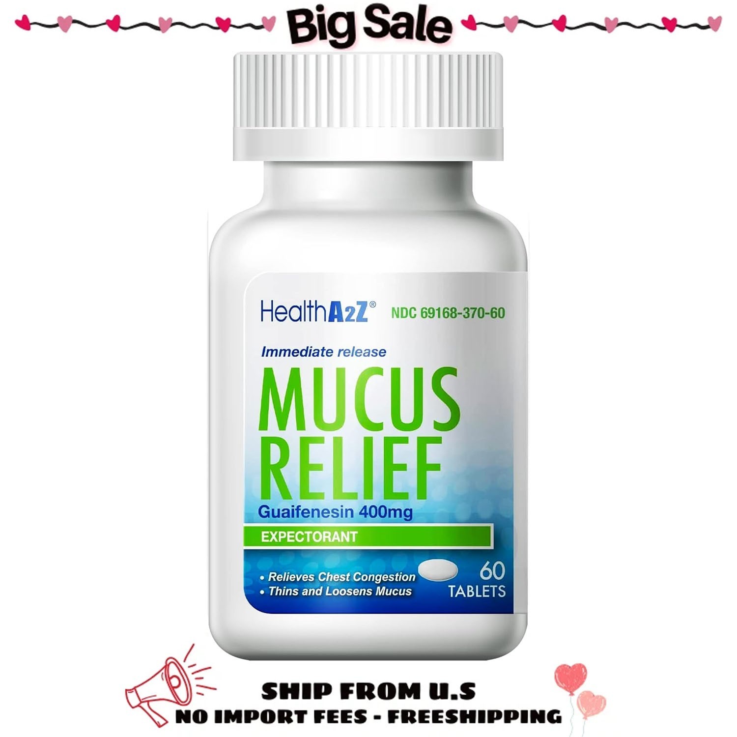 Mucus Relief Guaifenesin 400mg Immediate Release, No Benzene, Expectorant 60 Ct