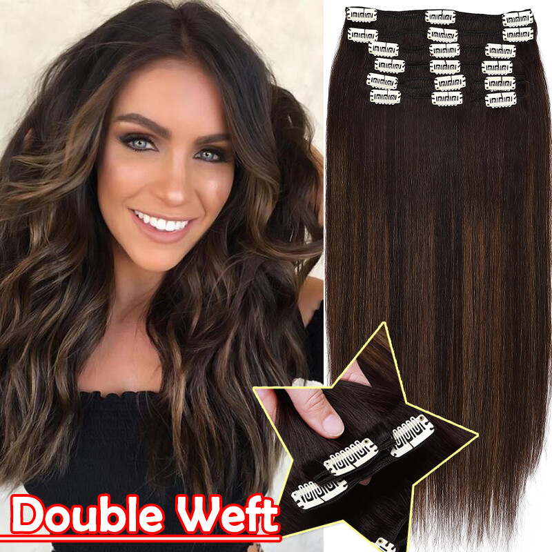 Thick Clip In 100% Human Hair Extensions Double Weft Mix Color Full Head 10-24