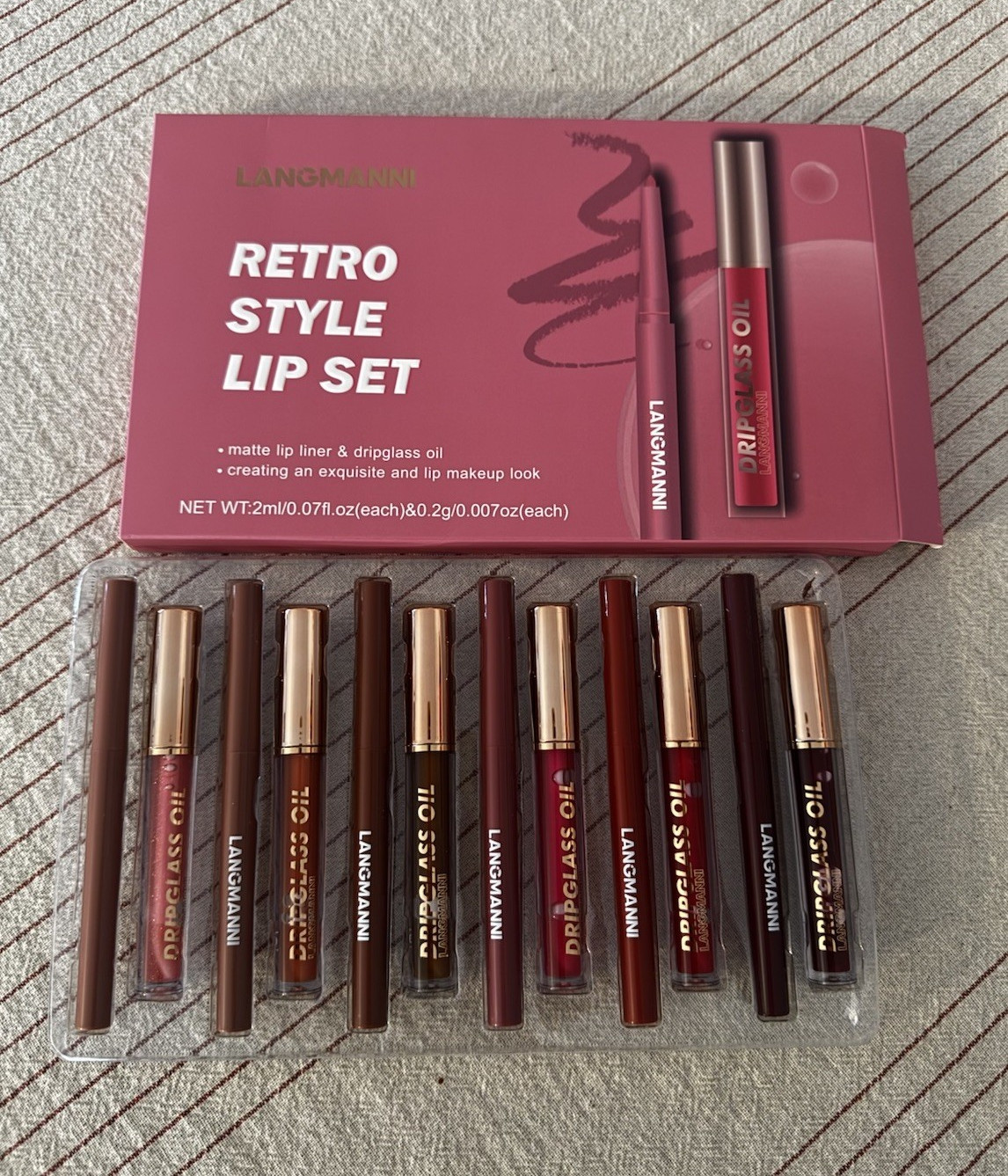 LANGMANNI Retro Style Lip Set 10pc Lip Liner & Lip Gloss Oil, Multicolor