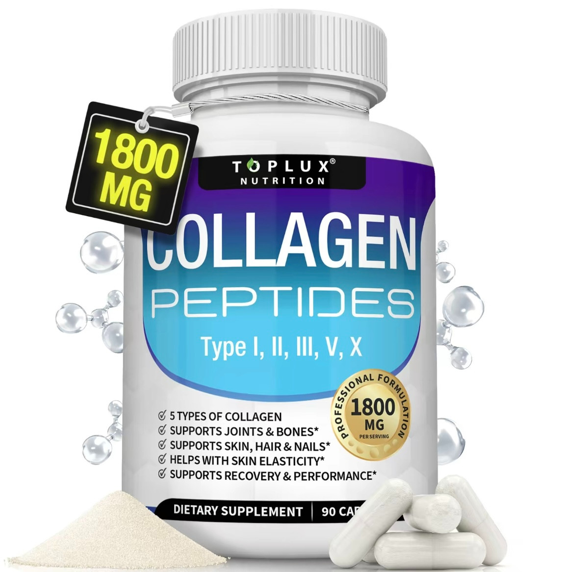 Toplux Nutrition 5 Types Collagen Peptides Complex 1800mg Skin Hair Nail