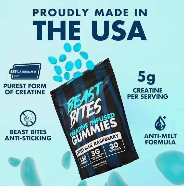 Beast Bites Creatine Infused Gummies, Sweet Blue Raspberry, 5g Creapure Creatine