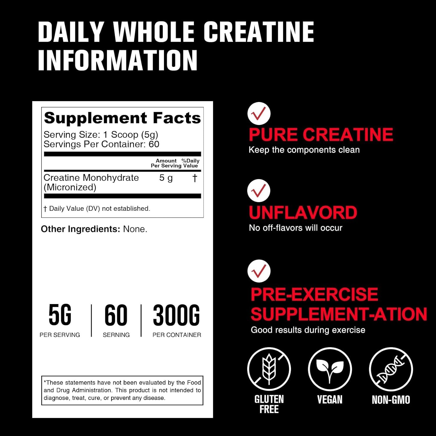 Pure Micronized Creatine Monohydrate – 5000mg Per Serving, Non-GMO & Gluten-Free