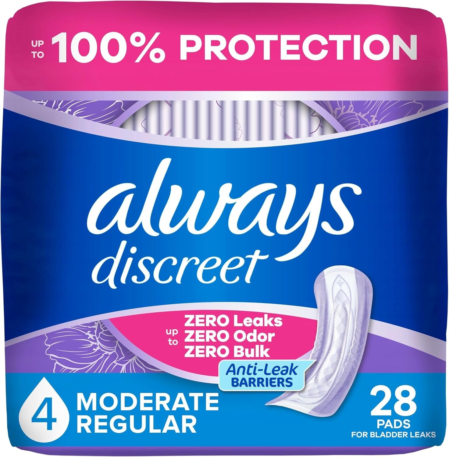 Always Discreet Adult Pads for Women, Moderate (4 Drop), Regular & Long