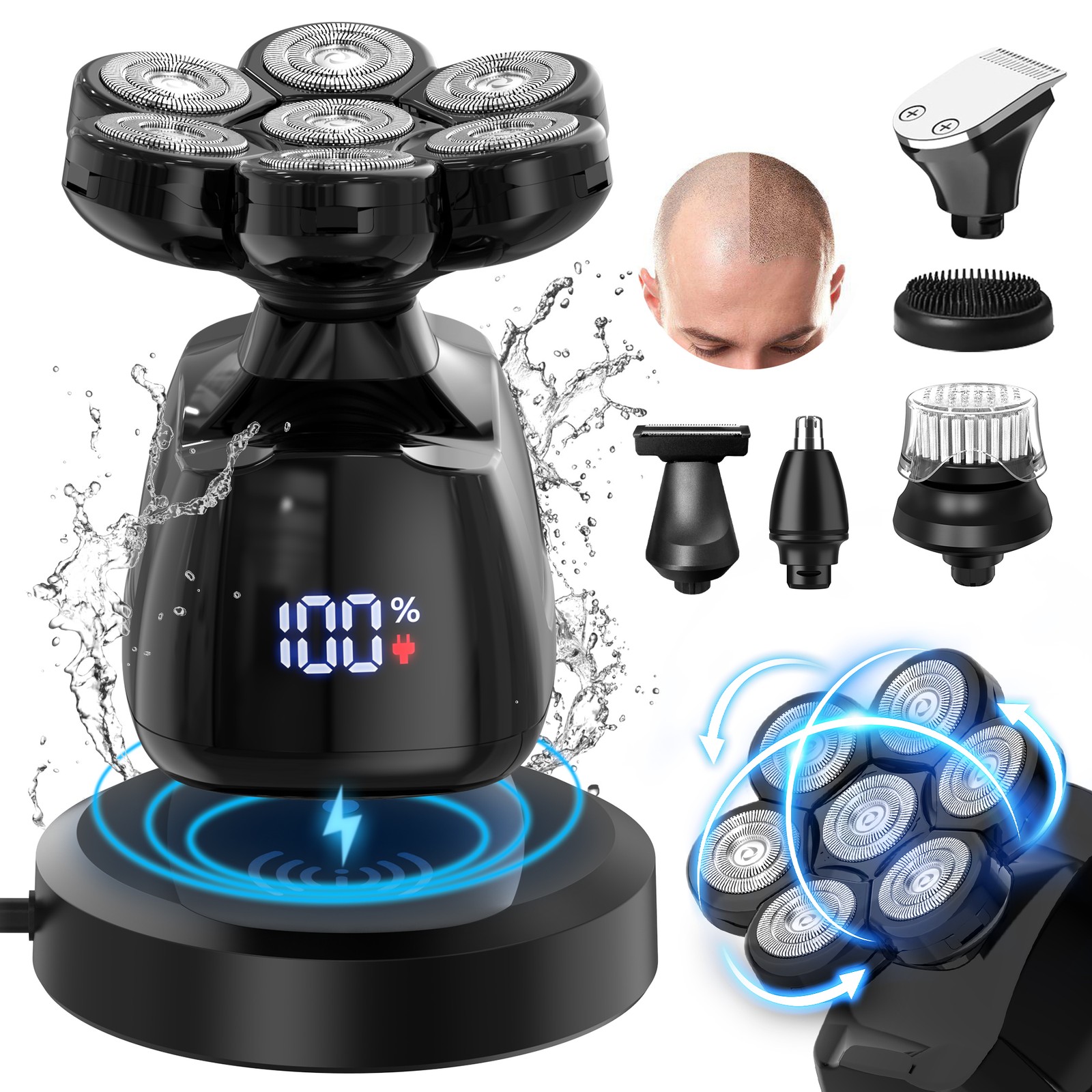 SEJOY 7D 6-in-1 Rotary Electric Razor Bald Head Shaver Trimmer For Mens Wet Dry