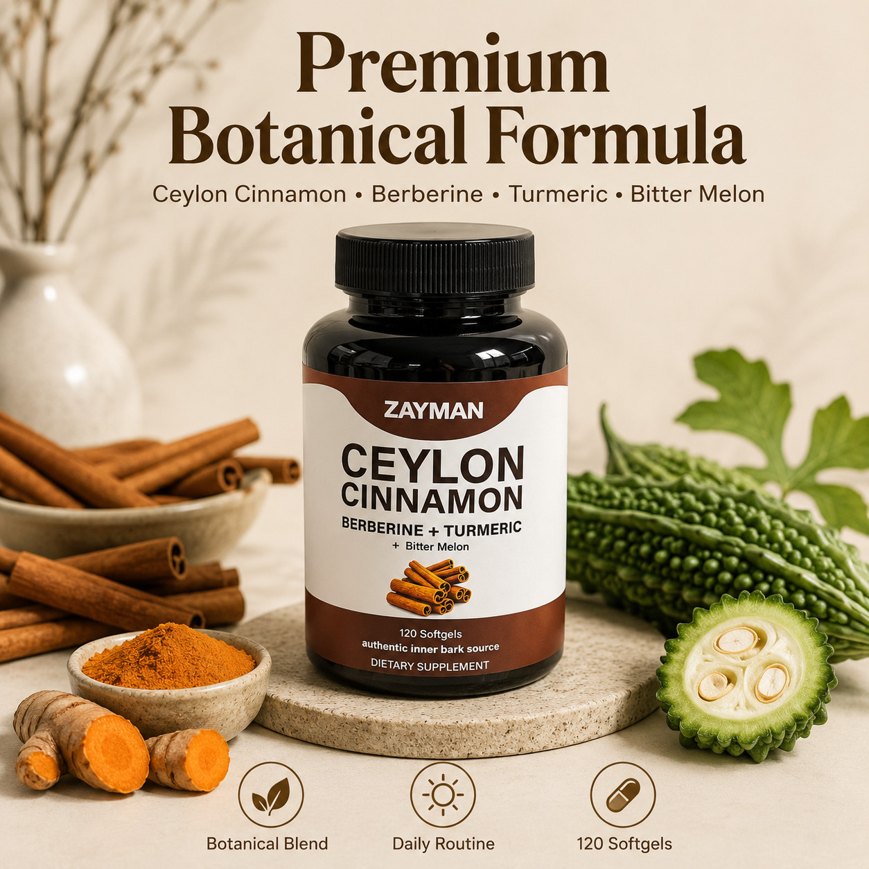ZAYMAN Ceylon Cinnamon Capsules Berberine Turmeric Bitter Melon 120 Count