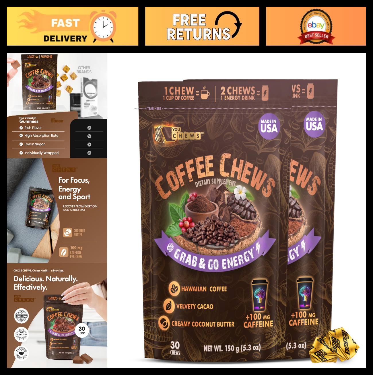 Coffee Chews – Energy Boost with 100mg Clean Caffeine, Organic Ingredients, Low