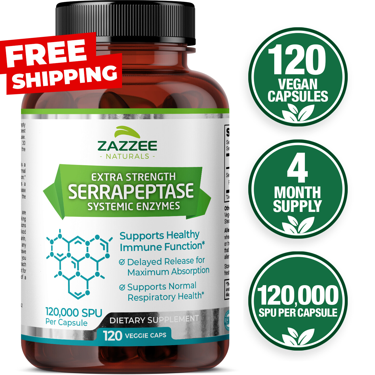Extra Strength Serrapeptase 120,000 SPU, 120 Vegan Capsules, Delayed Release