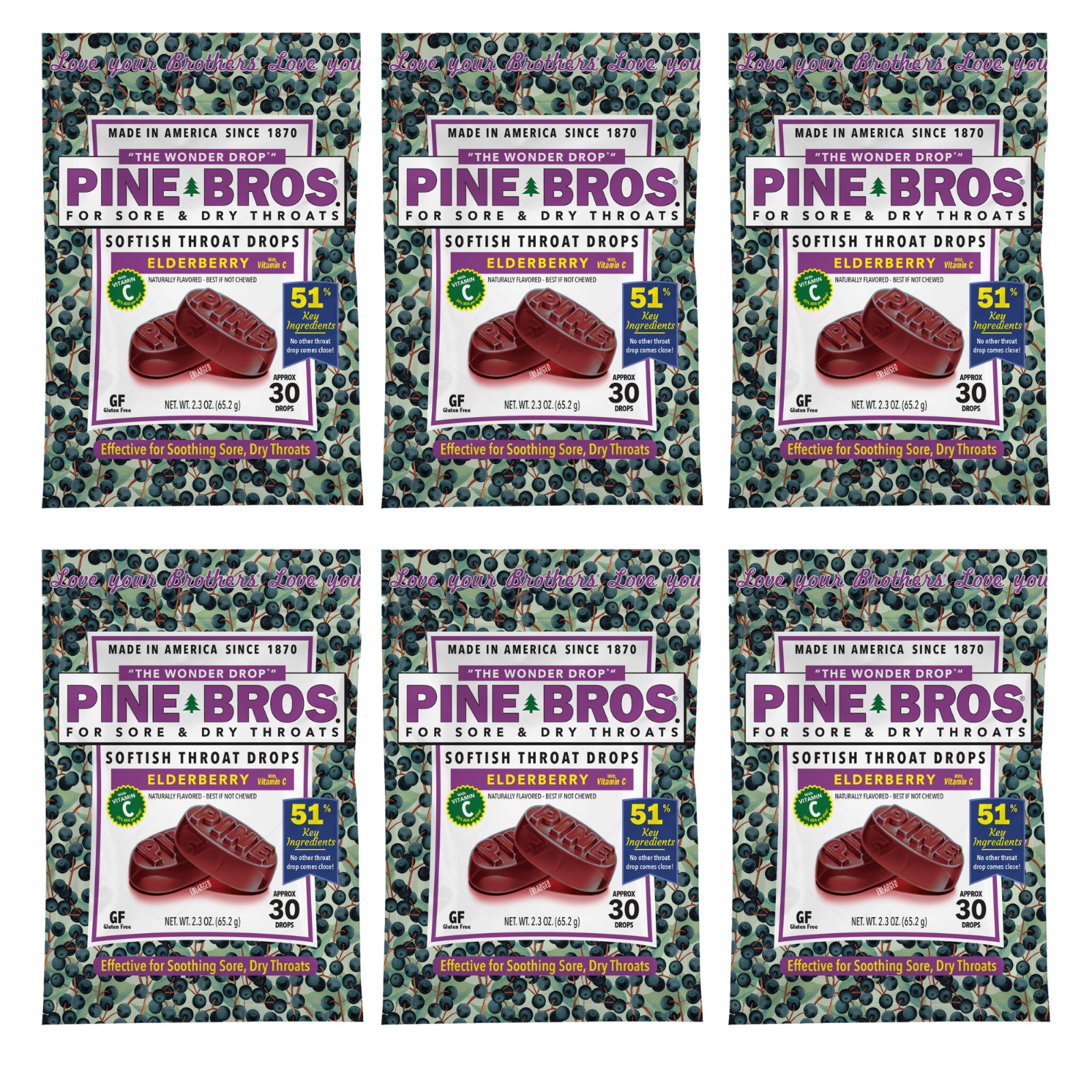 Pine Bros. Cough Drops for Adults, Elderberry Flavour, 30 Drops, 6 Pack