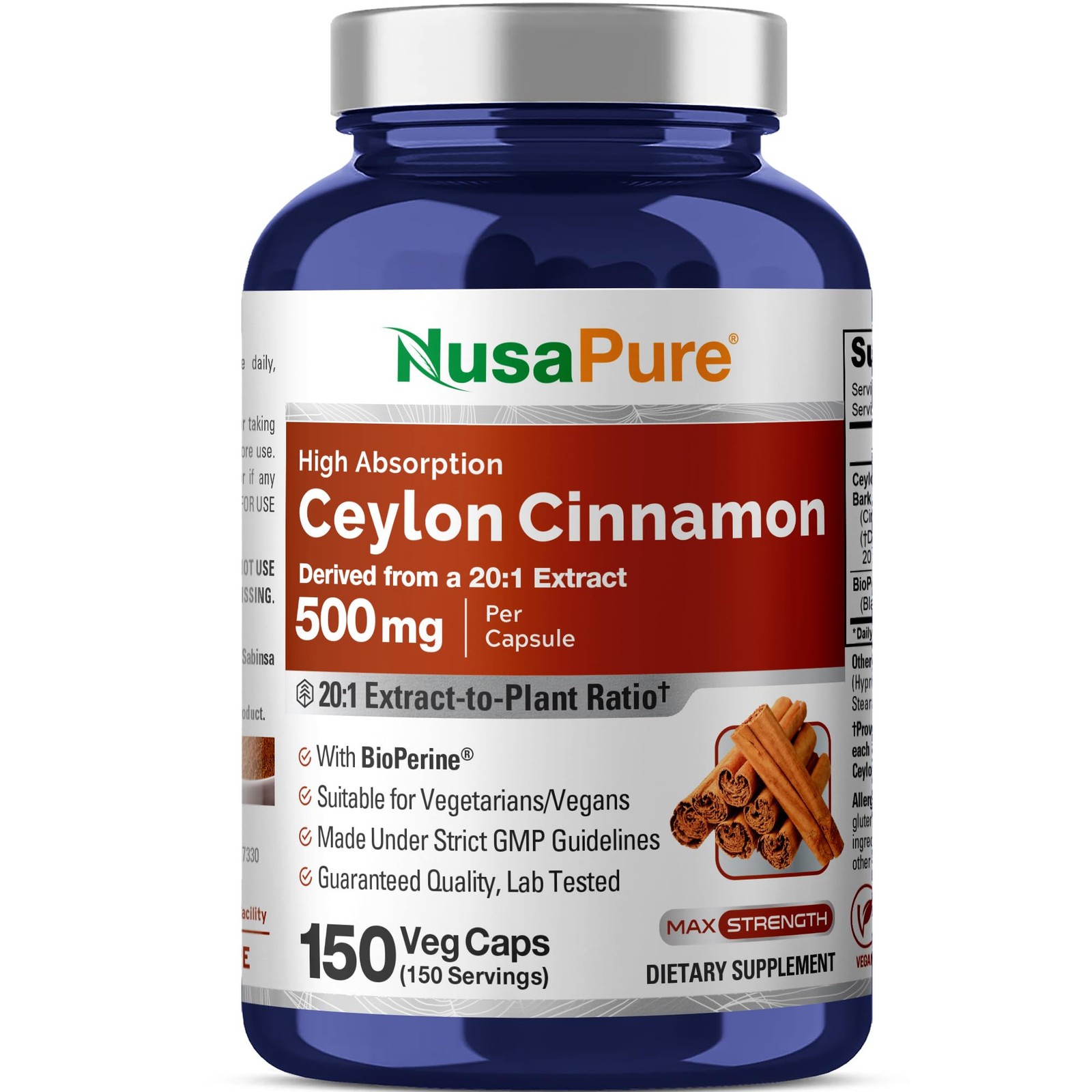 Ceylon Cinnamon, 500 mg, 150 Veg Capsules (Non-GMO, Vegan)