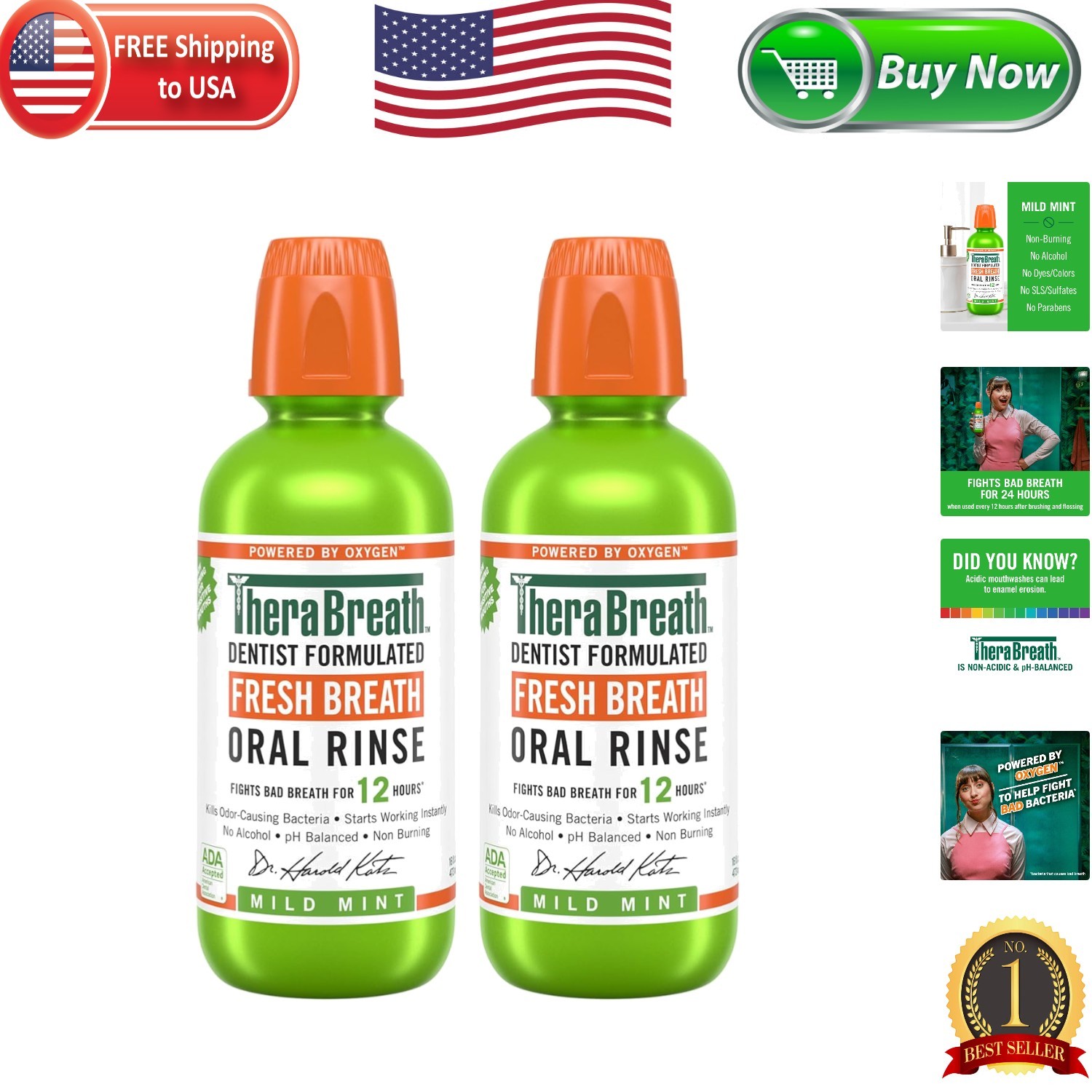 Alcohol-Free Woeful Breath Relief: TheraBreath Mint Mouthwash, 16 oz x 2
