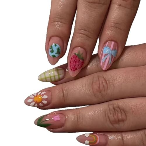 Almond Press on Nails Acrylic Fake Nails with Cute Strawberry, Flower & Long 17