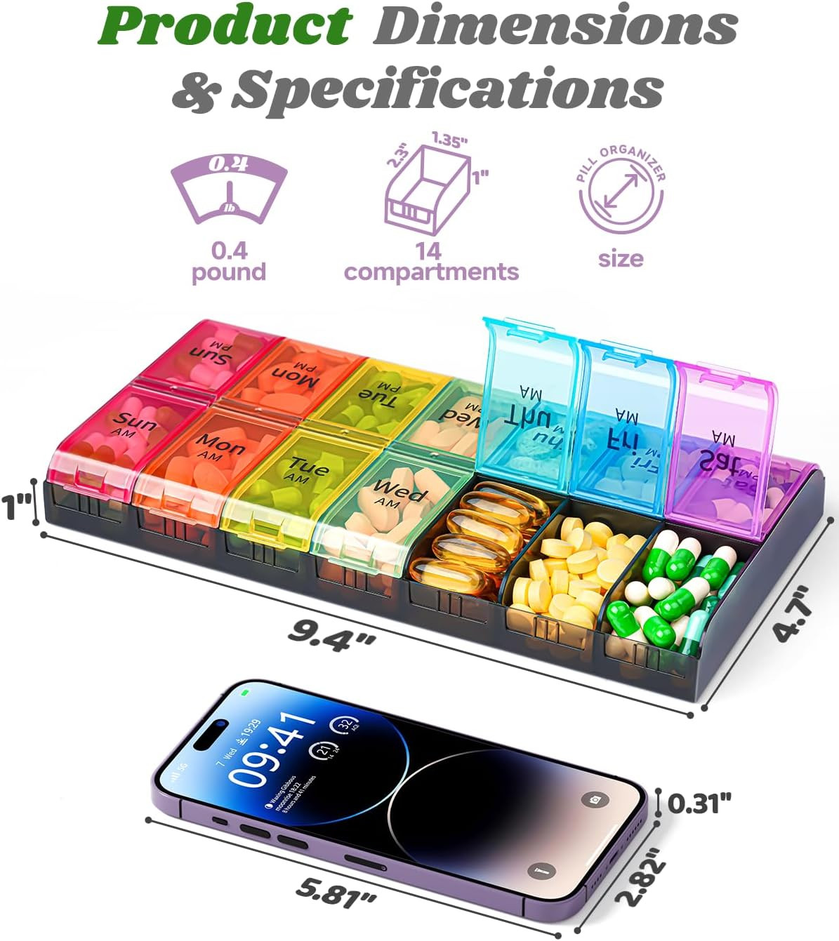 Extra Large Pill Organizer 7 Day AM PM Twice Daily Box for Big Pills Travel Case