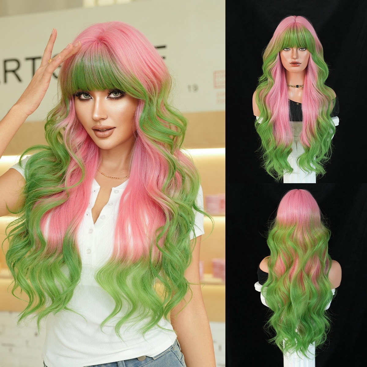 Pink Green Long Wavy Wig with Bangs for Women Girls Party Cosplay Soft Synthetic