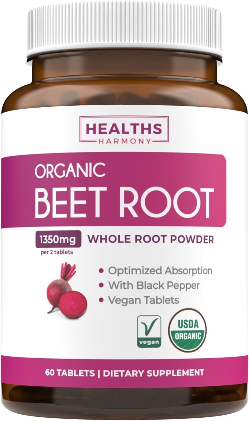 USDA Organic Beet Root Powder 1350mg Beets Per Serving, Black Pepper, 60 ct