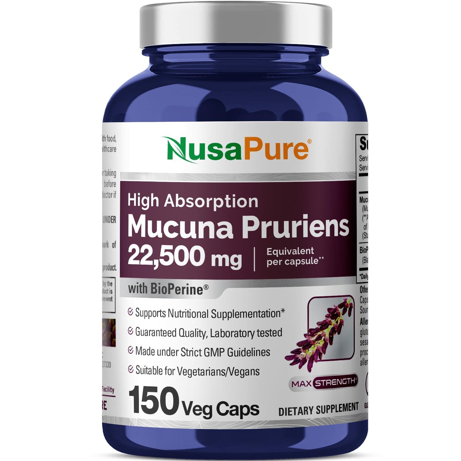 NusaPure Mucuna Pruriens 22500mg 150 Veggie Caps Non-GMO, Vegan