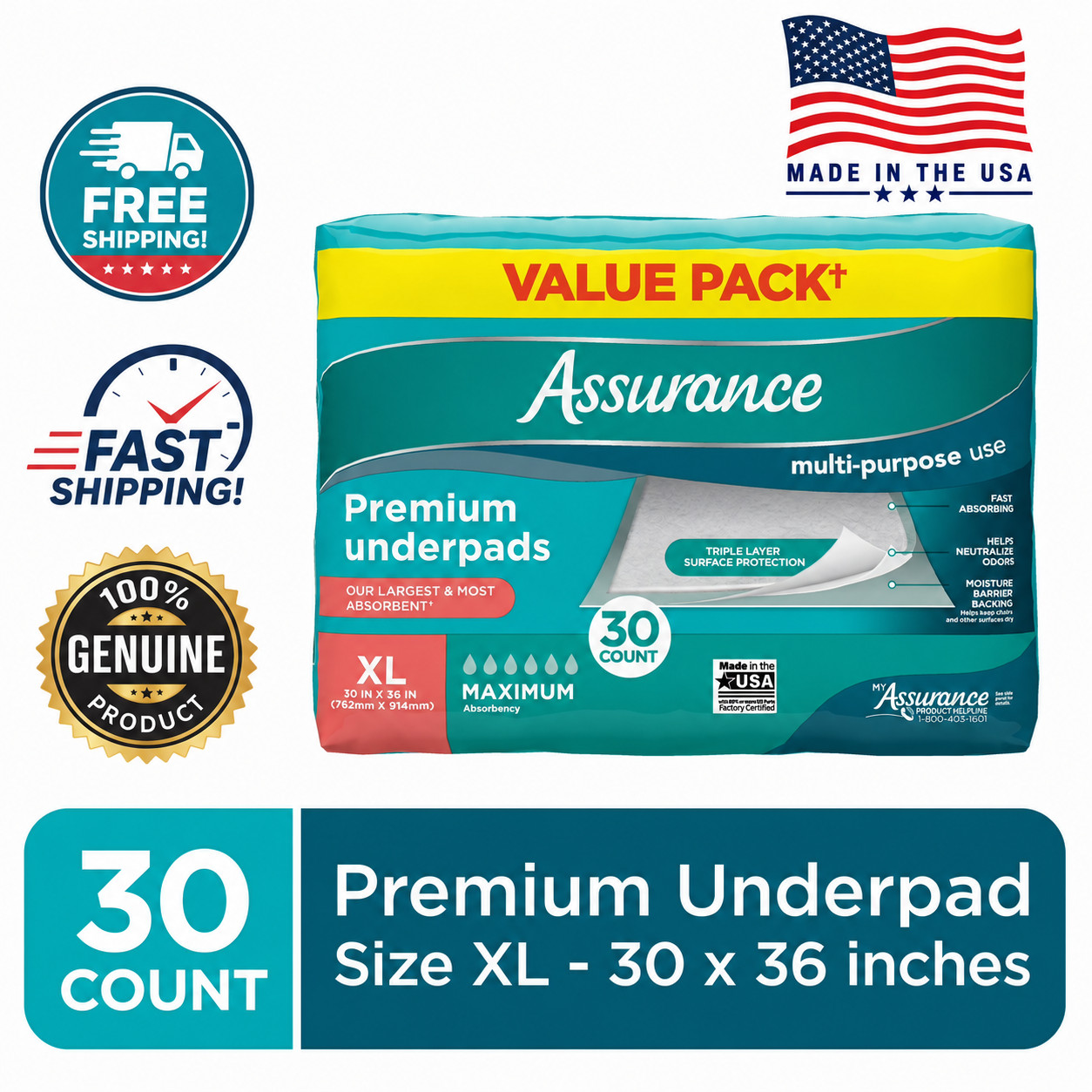 Assurance Unisex Premium Quilted, Underpad, Maximum Absorbency XL 30 counts