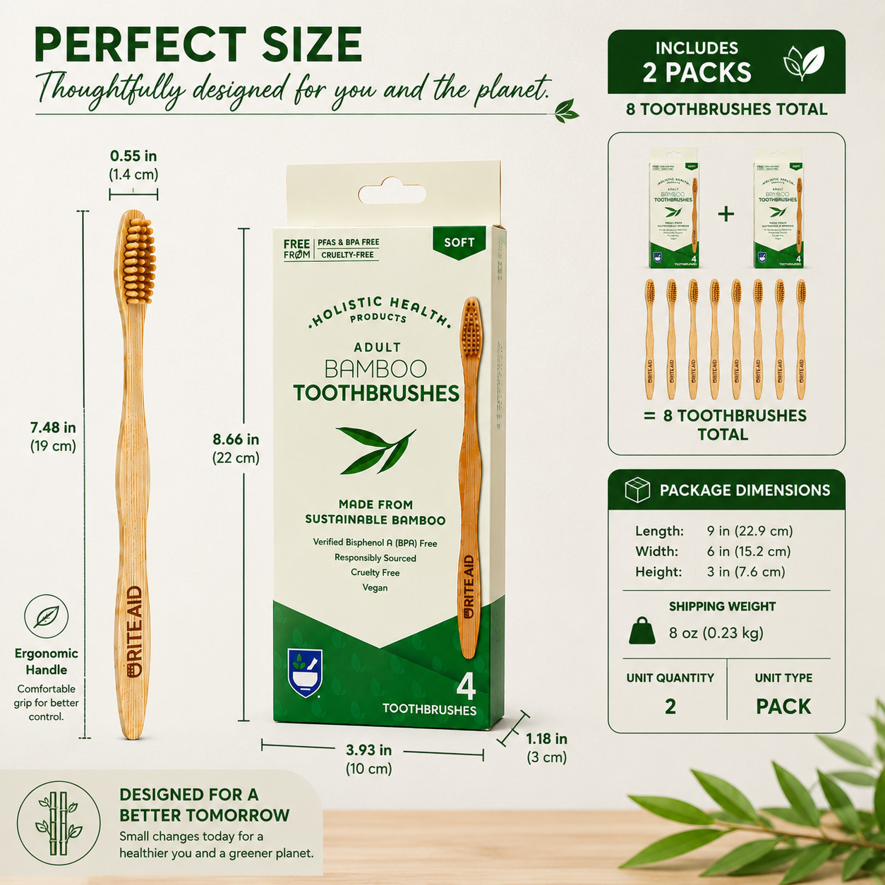 Natural Bamboo Toothbrush Set 8 Pack BPA Free Gentle Bristles Adult Oral Care