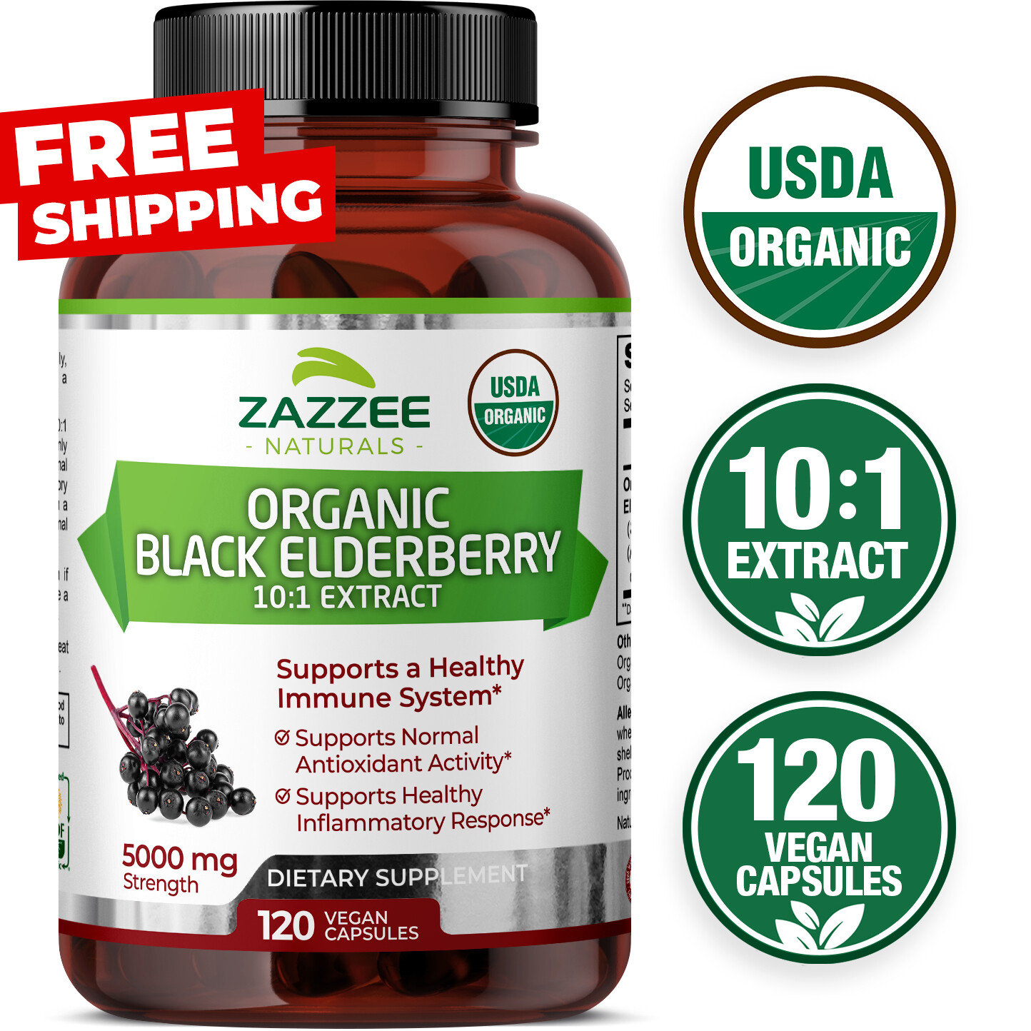 USDA Organic Black Elderberry 10:1 Extract, 5000 mg Strength, 120 Vegan Capsules