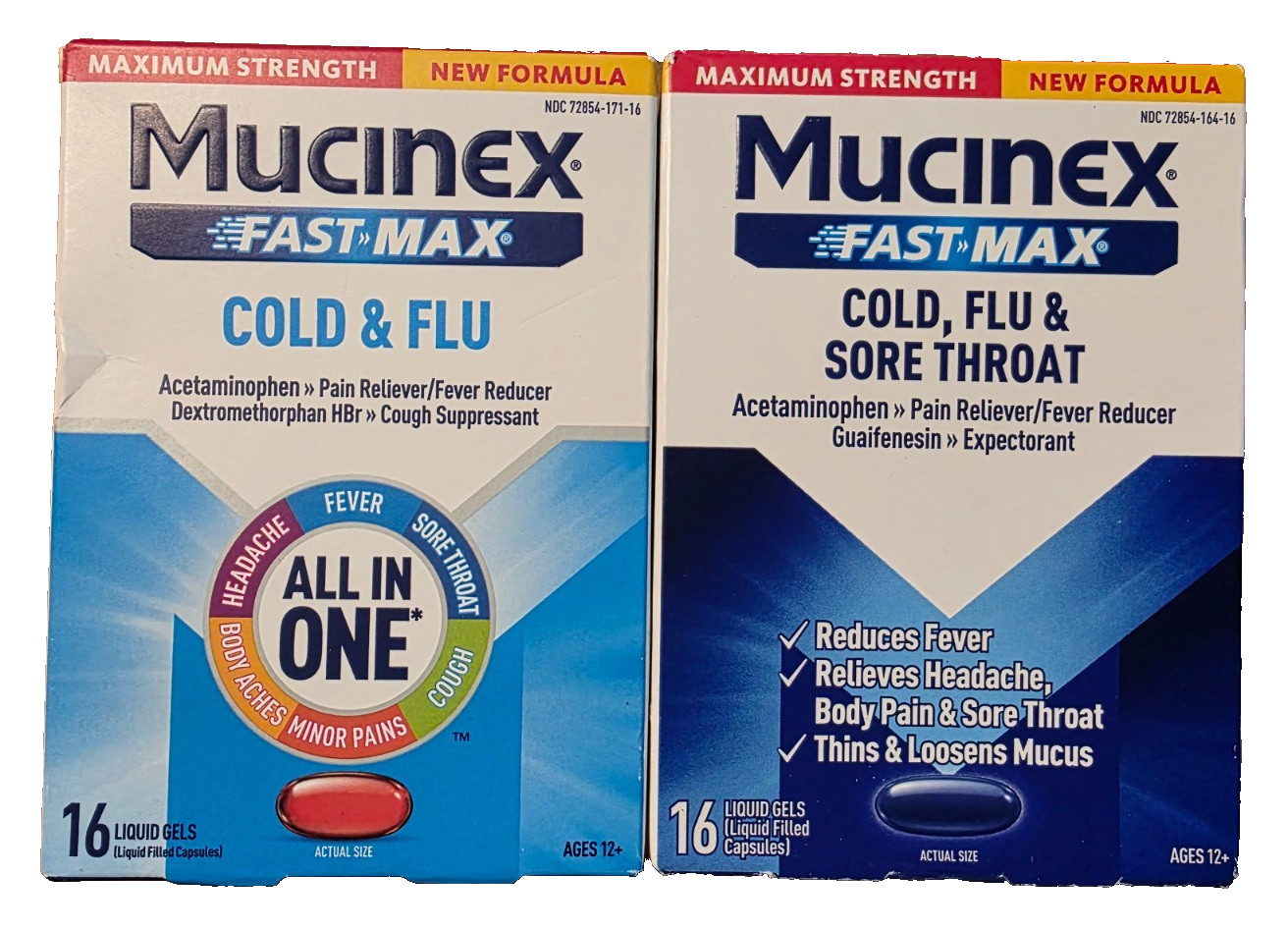 Mucinex FAST-MAX Cold, Flu & Sore Throat Liquid Gel Capsules 32ct Exp: MAY 2027