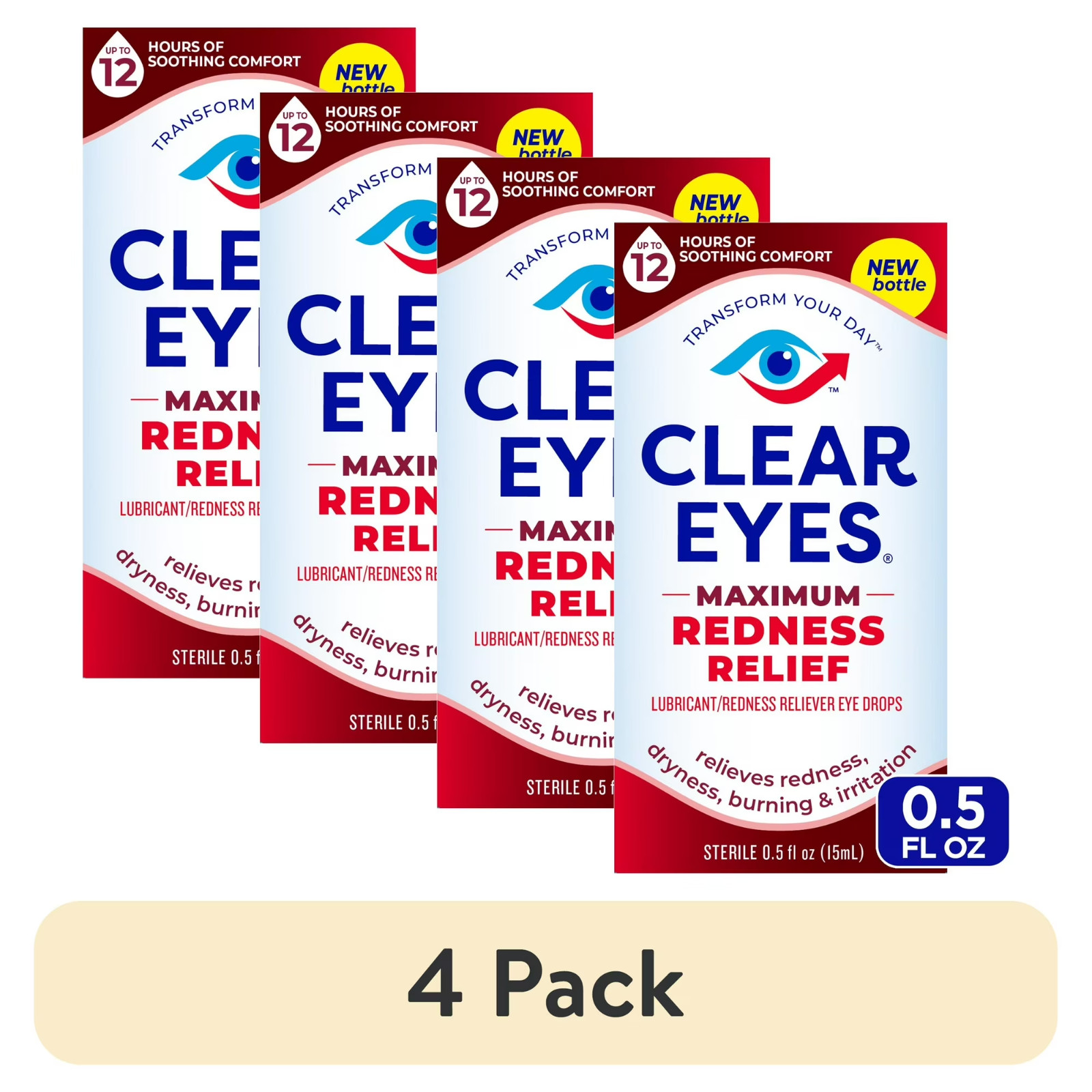 4 Pack Clear Eyes Maximum Strength Redness Relief Eye Drops 0.5 Oz Each