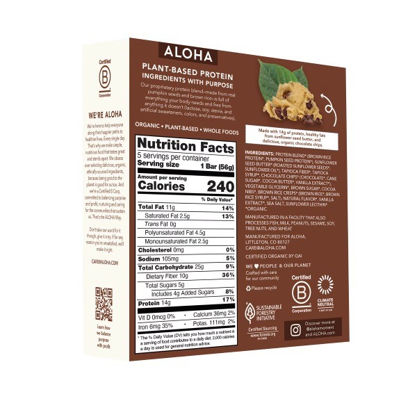 Chocolate Chip Cookie Dough Plant-Based Protein Bars – 14g Protein – 9.88oz/5ct