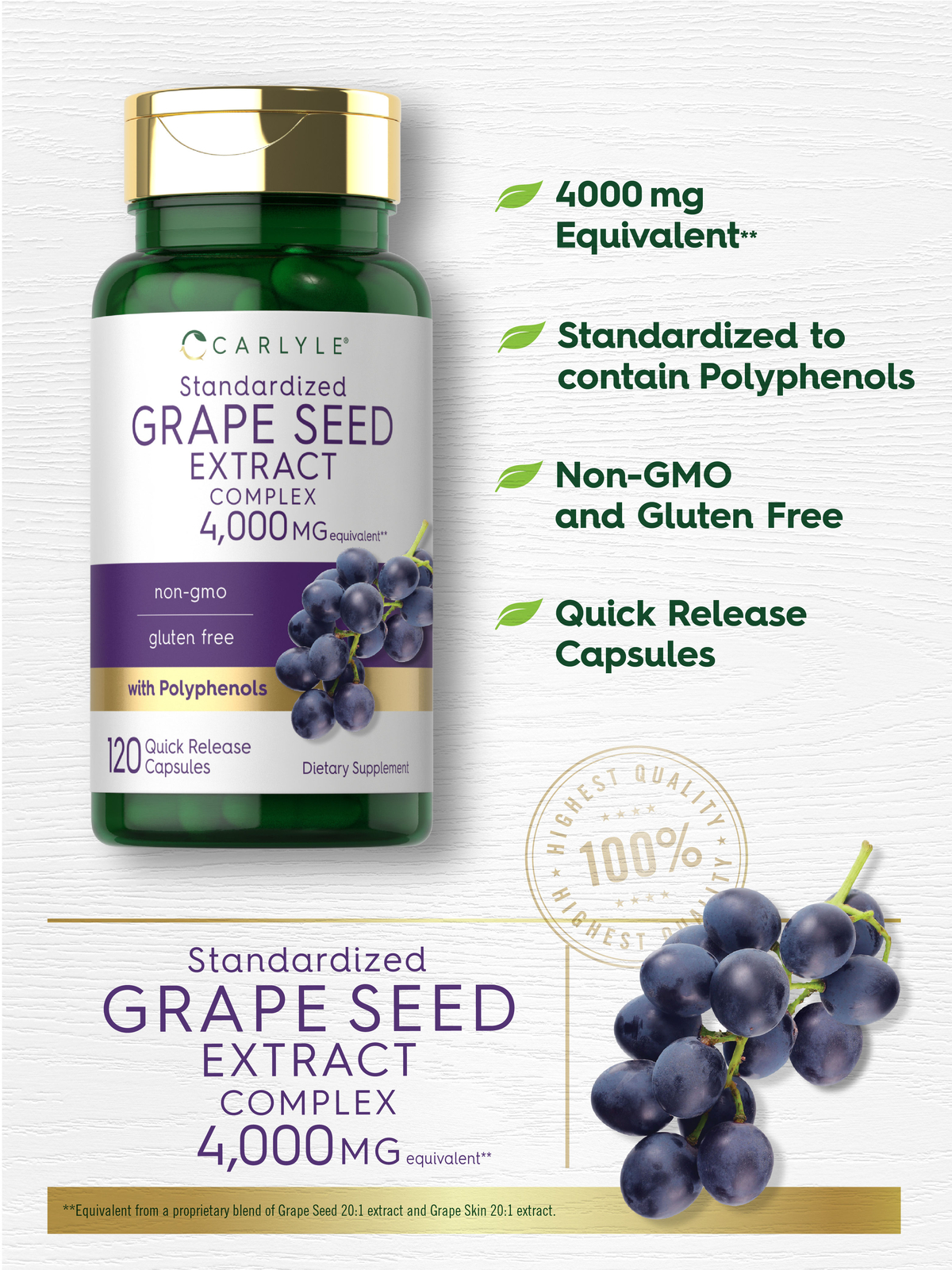 Grape Seed Extract 4,000mg Complex 120 Capsules | with Polyphenols | by Carlyle