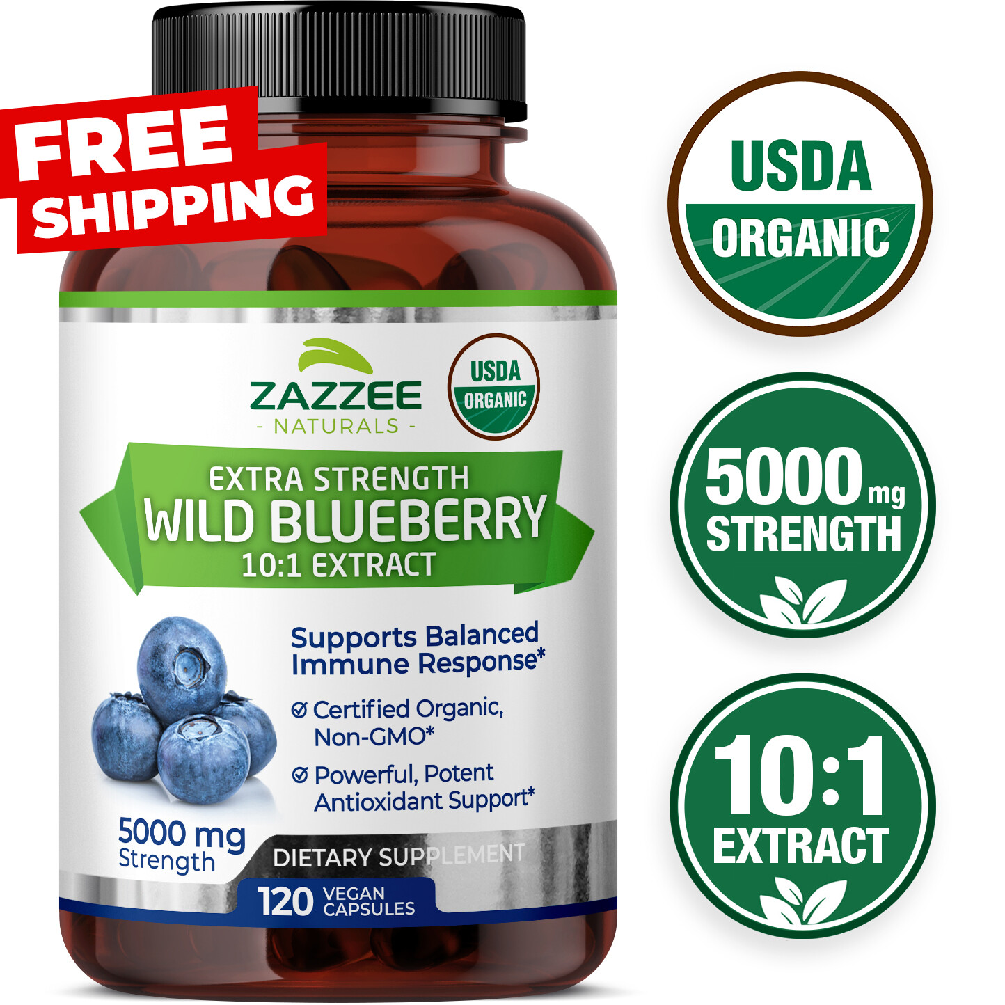 USDA Organic Wild Blueberry Extract Whole Fruit 5000 mg Strength 10:1 Extract