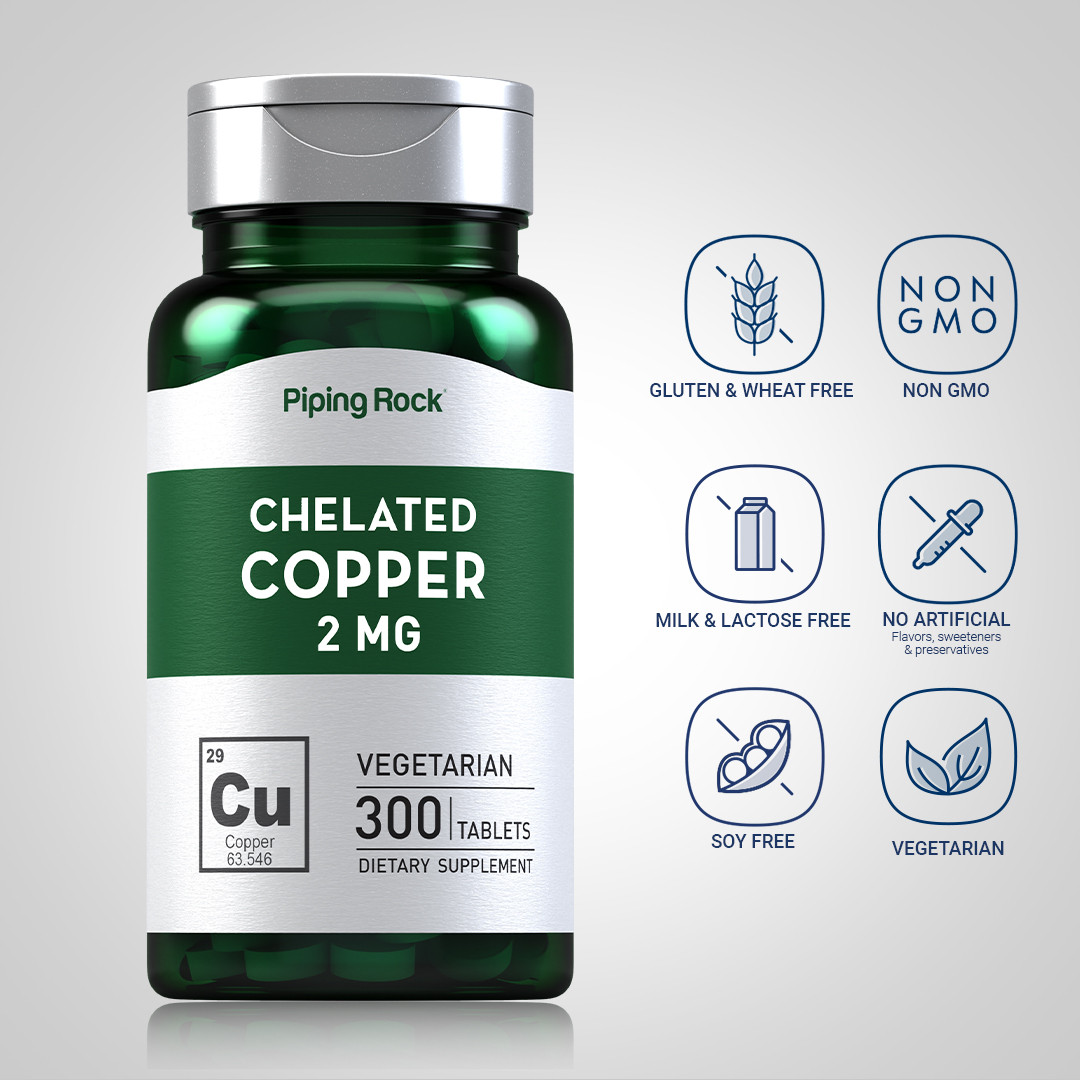 Chelated Copper 2 mg | 300 Tablets | Non-GMO, Gluten Free | By Piping Rock