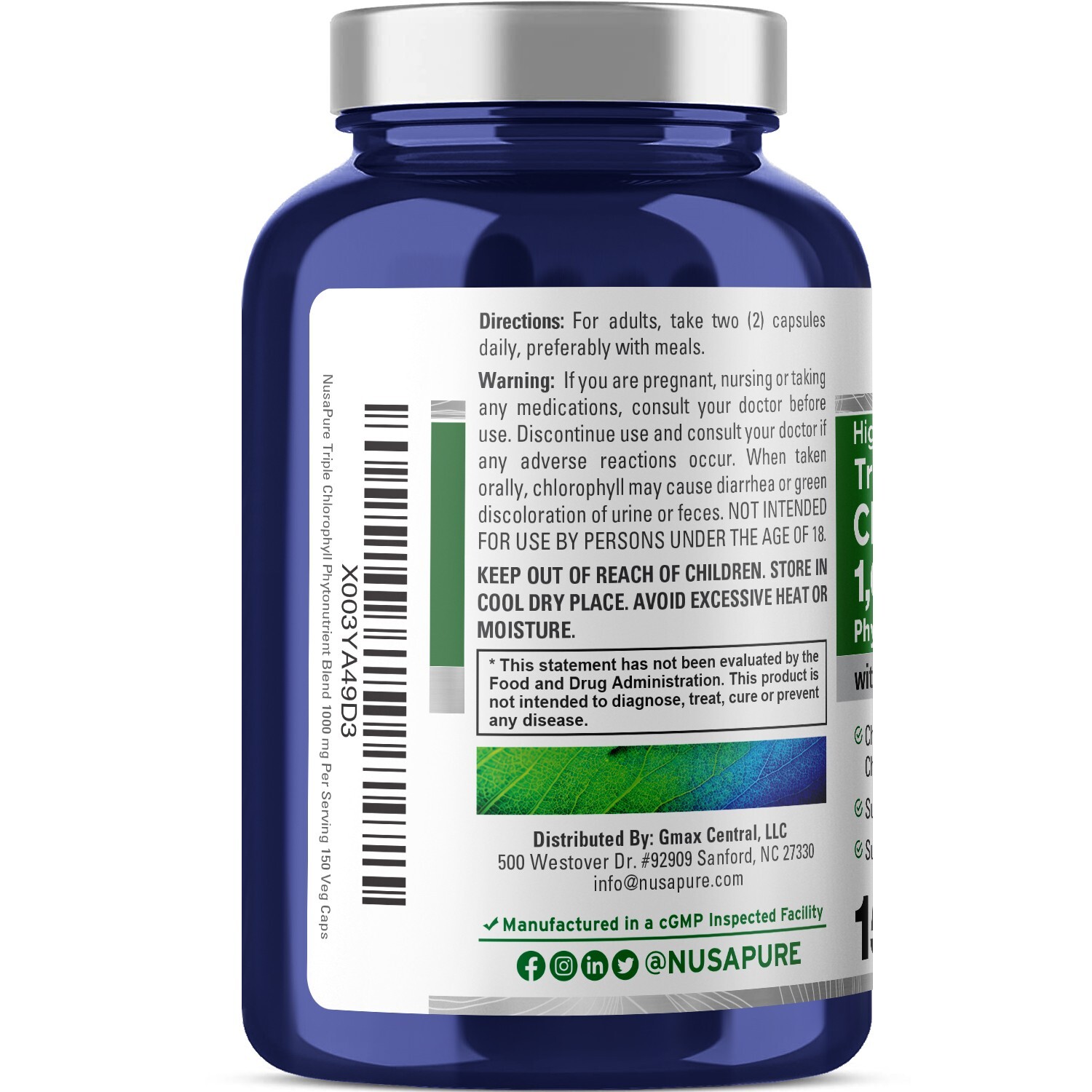 NusaPure Triple Chlorophyll Complex 1000 mg Vegan Capsules, Non-GMO