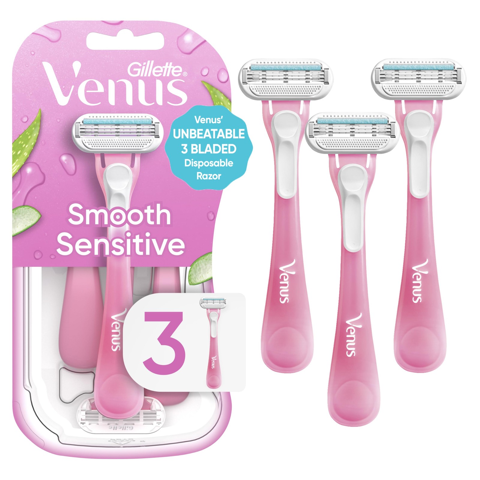 Gillette Venus Sensitive Women’s Disposable Razors – Single Package of 3 Razors