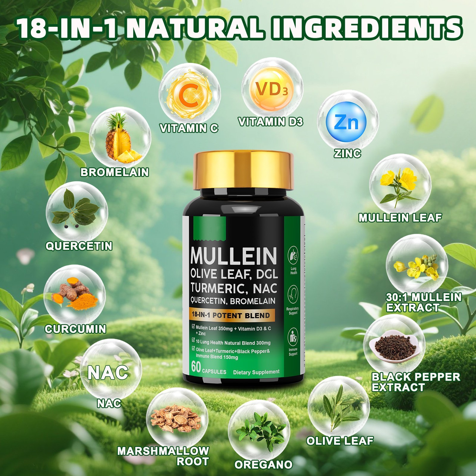 Mullein Leaf Capsules for Lung Cleansing & Detox Herbal Dietary Supplement 18in1