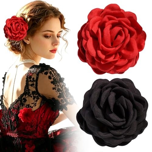 2 Pcs Rose Flower Hair Claw Clips for Women, 3.54″ Large Flowers Boho red black