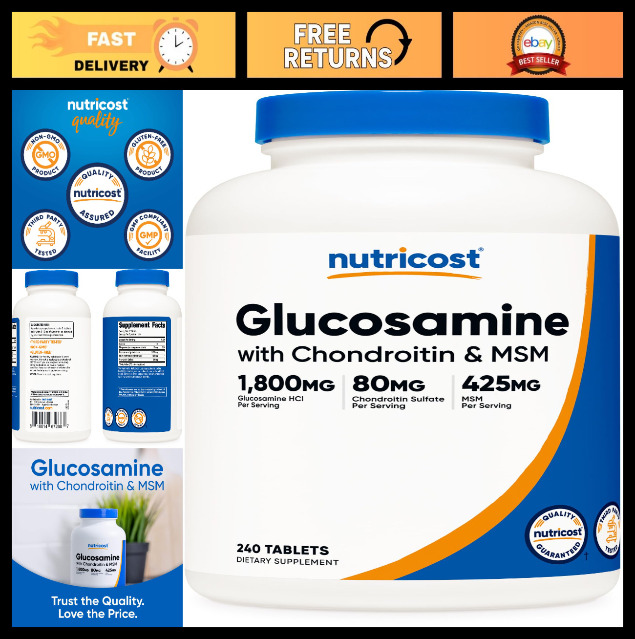 Glucosamine 1800mg with Chondroitin & MSM – 240 Tablets, Non-GMO, Gluten Free