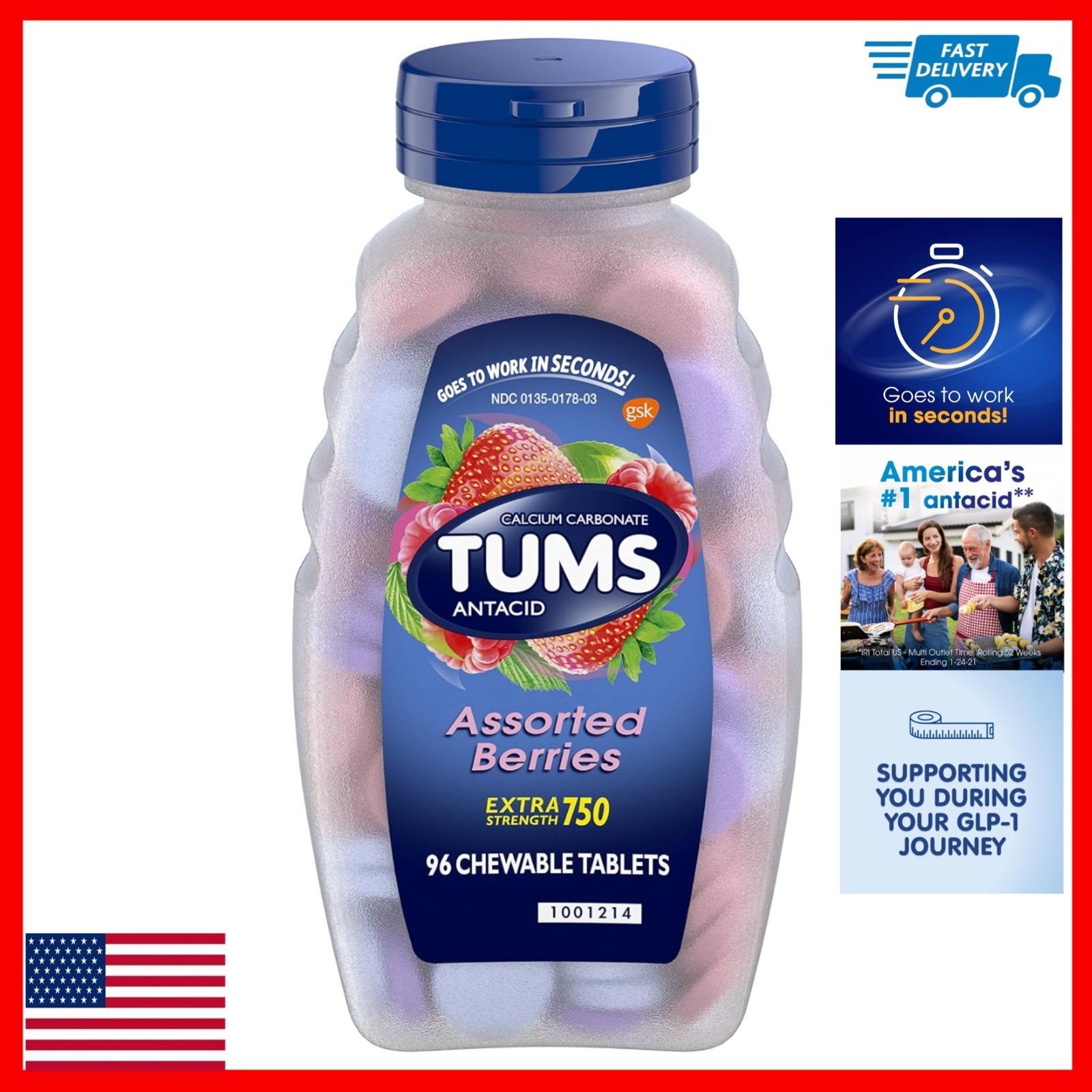 TUMS Extra Strength Antacid Tablets, 96 Count – Berry Flavor