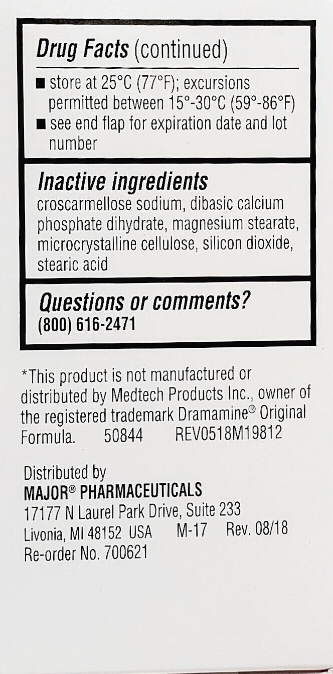 Major Driminate Motion Sickness (Compare to Dramamine) 100ct Each-(6 Pack) 9/26