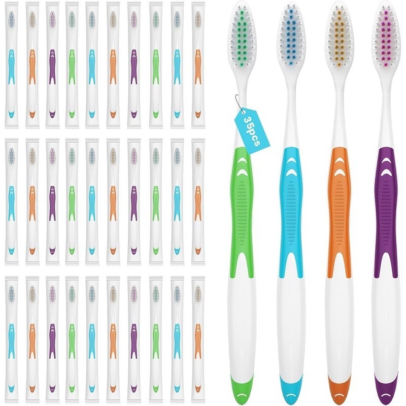 35 Pack Disposable Toothbrushes Ergonomic Handle Medium Soft Bristles Travel Use