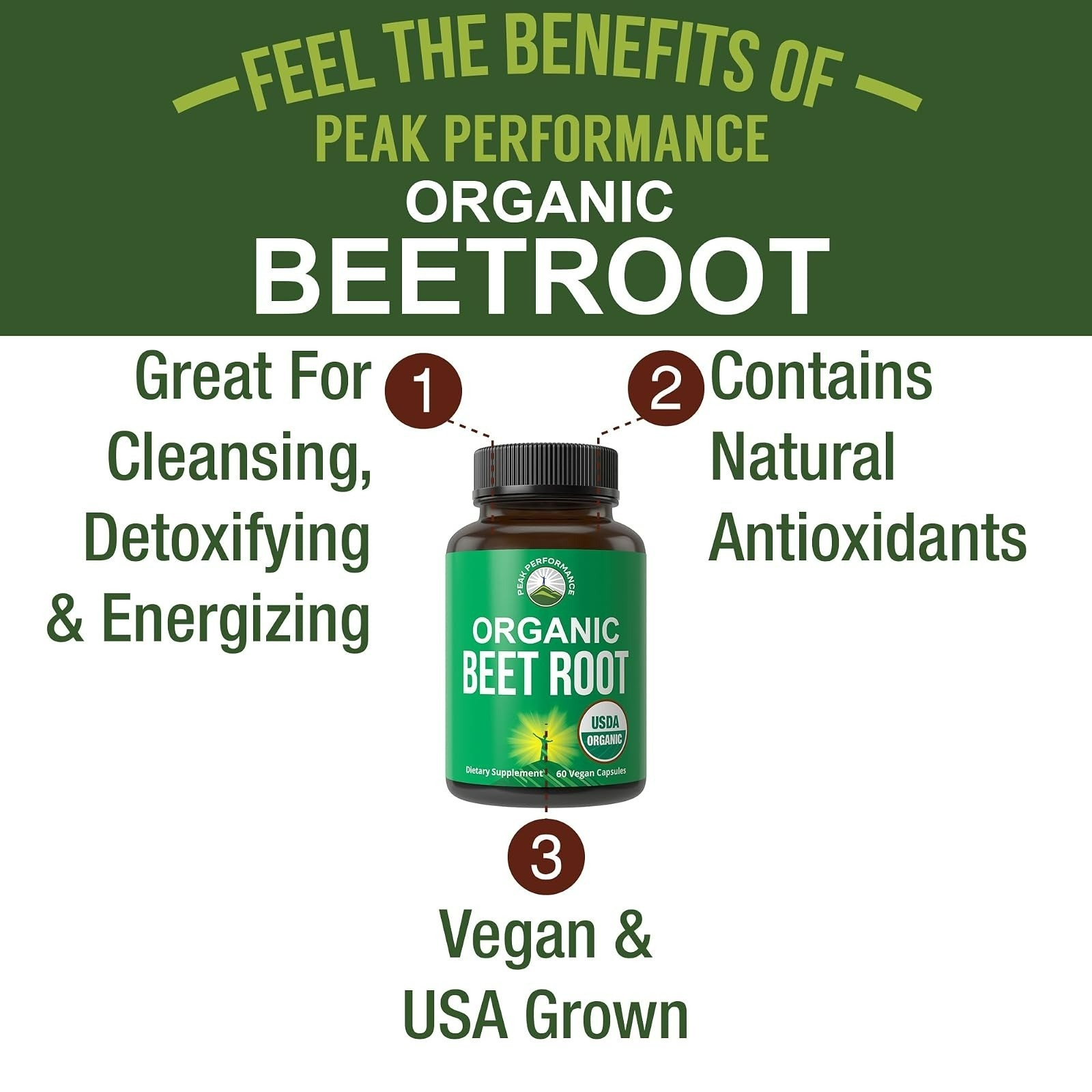Peak Performance Organic Beet Root Capsules 1200mg – Vegan Energy Booster