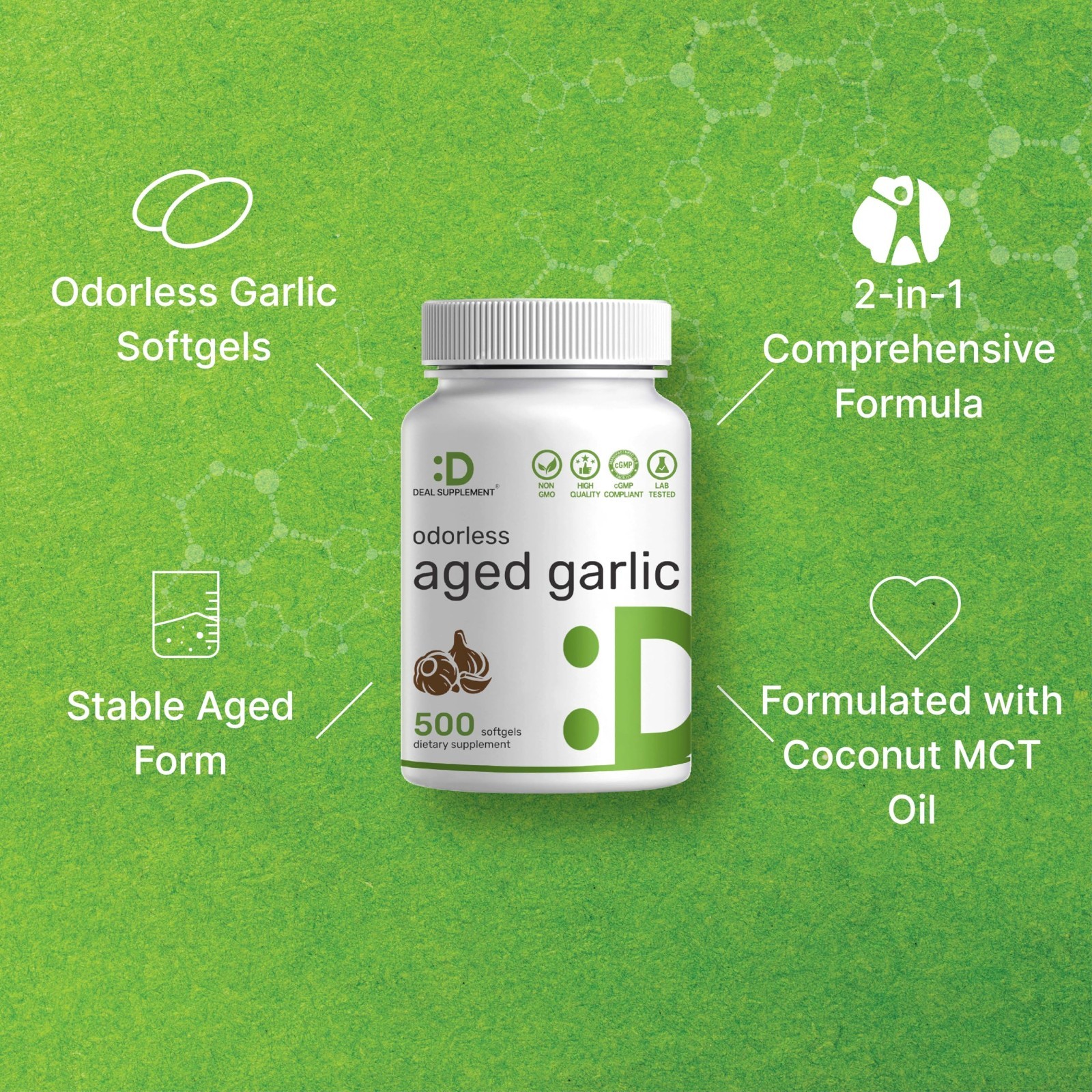 Odorless Aged Garlic Softgels 500ct with MCT Oil – Non-GMO, 2-Year Extract