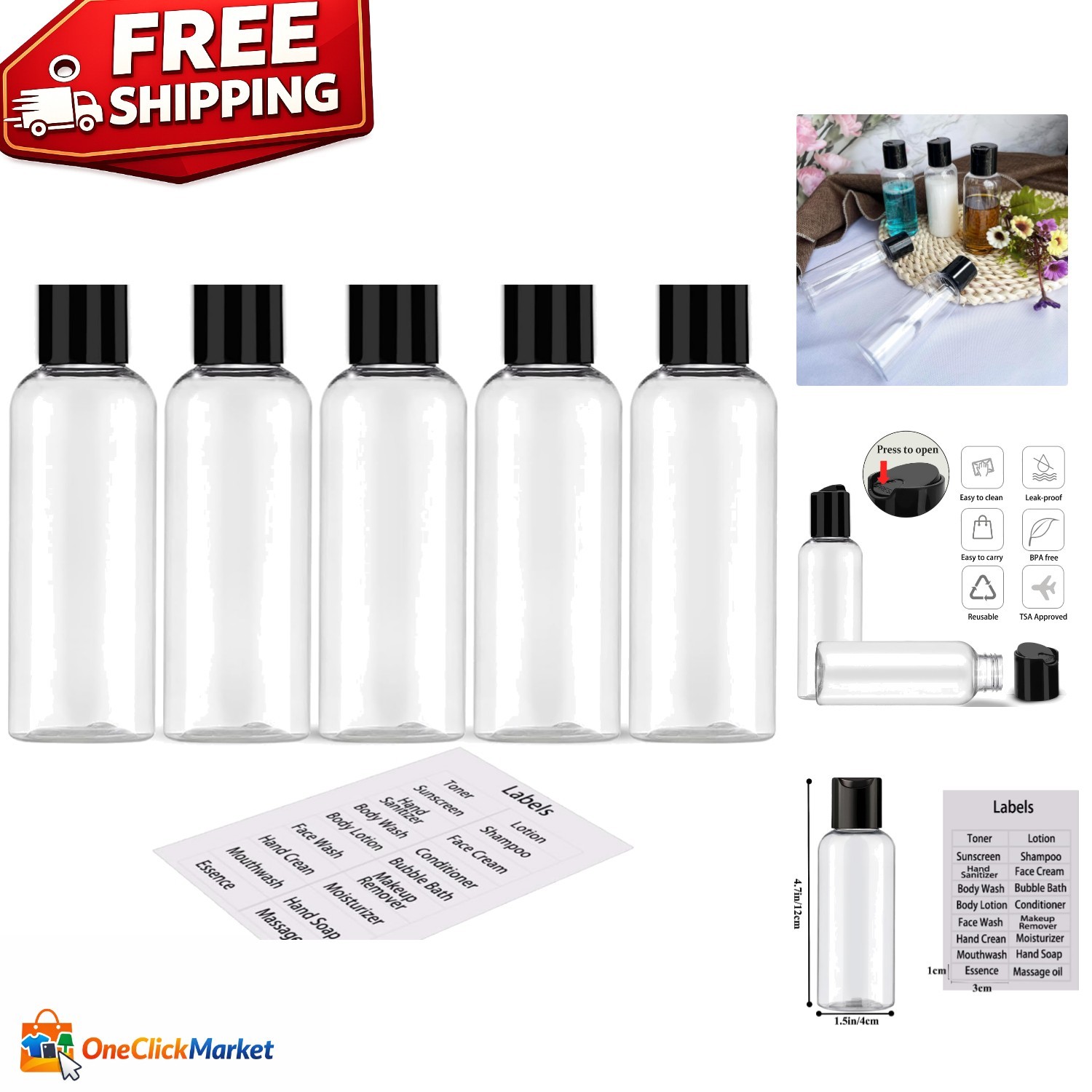 Versatile 5-Pack TSA Approved 3.4 oz Travel Bottles with Waterproof Labels