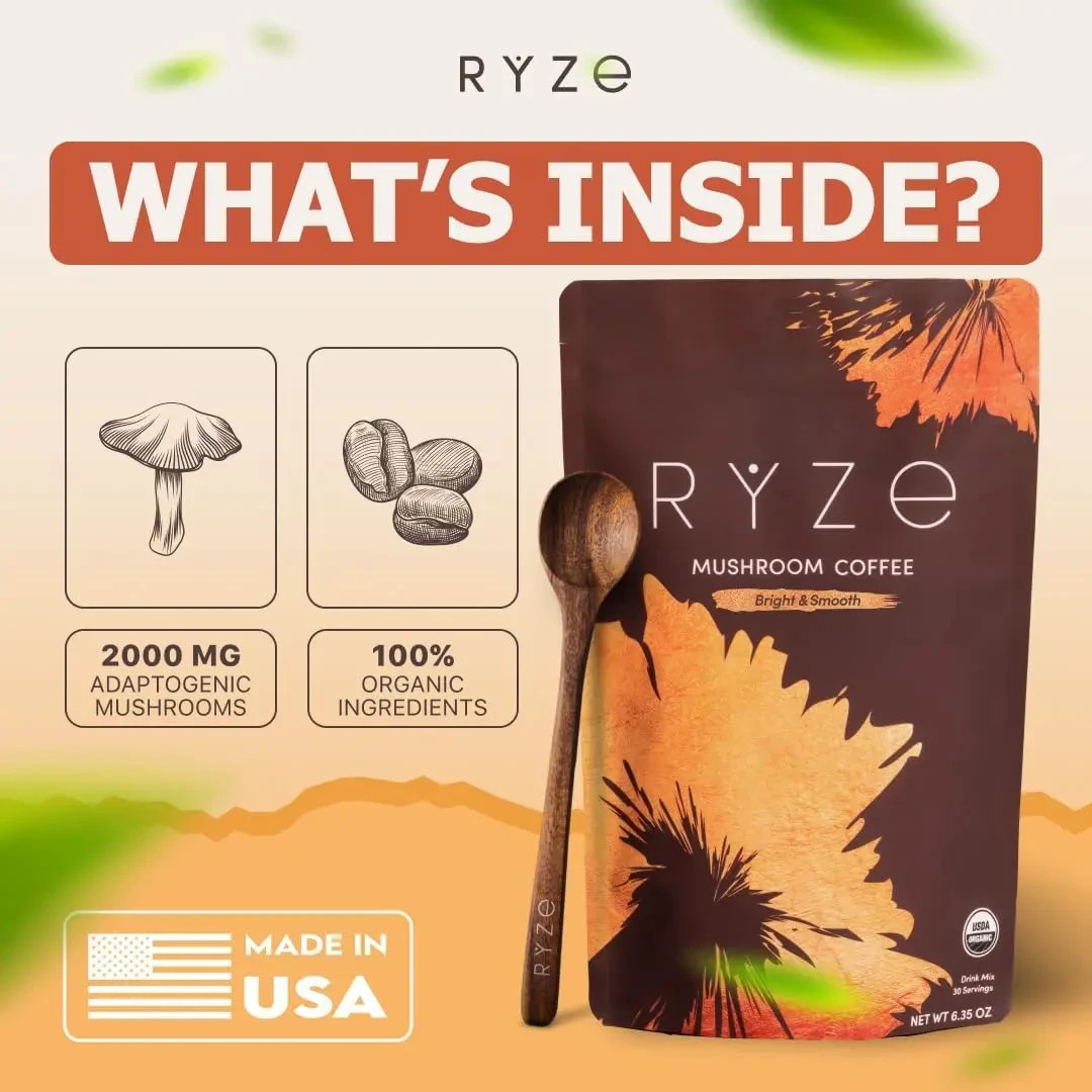 RYZE Mushroom Coffee USDA Organic with 6 Adaptogenic Mushrooms 30 servings New