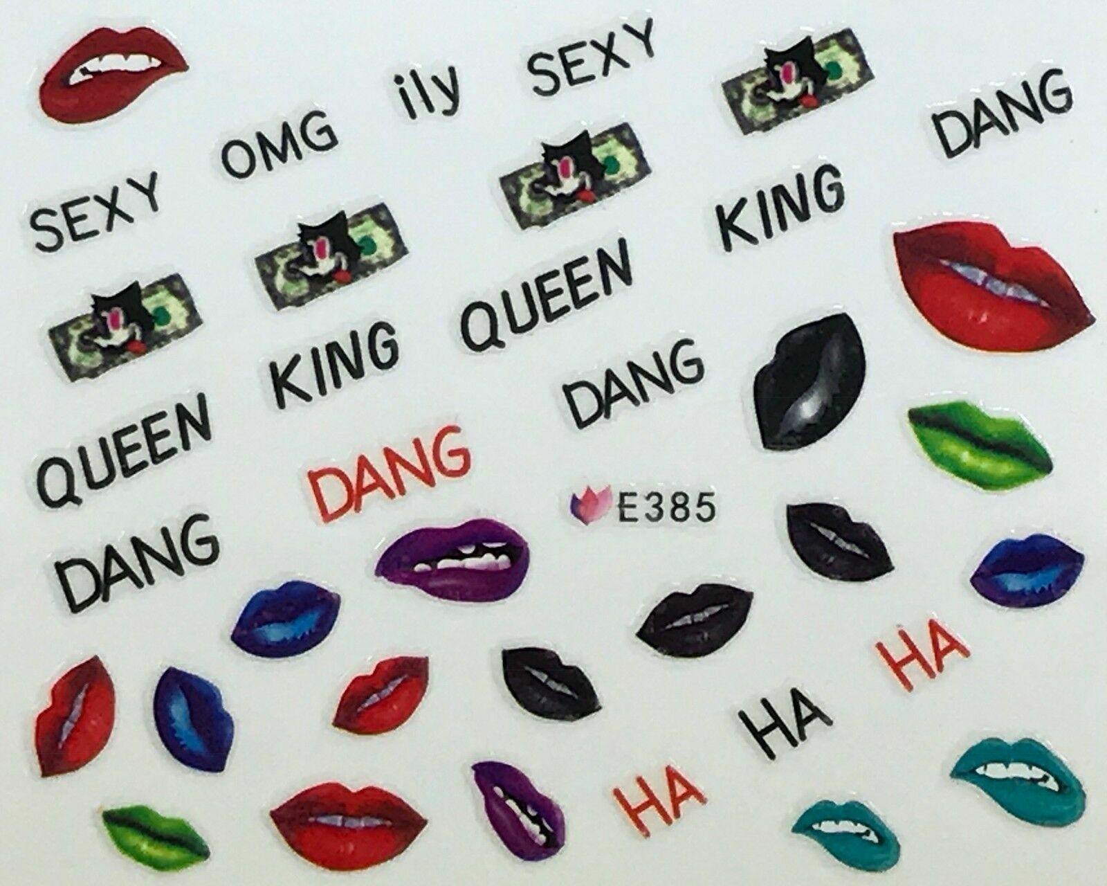 Nail Art 3D Decal Stickers Lips Kisses Sexy OMG King Queen Dang Ha E385
