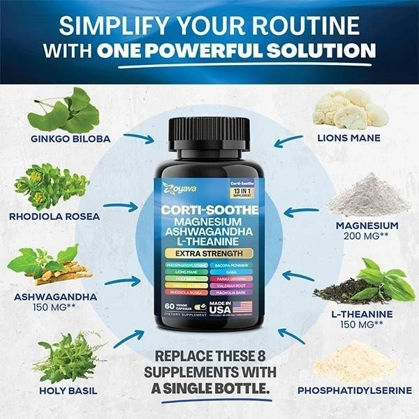 Zoyava Corti-Soothe with Magnesium,Ashwagandha & L-Theanine for Cortisol Support