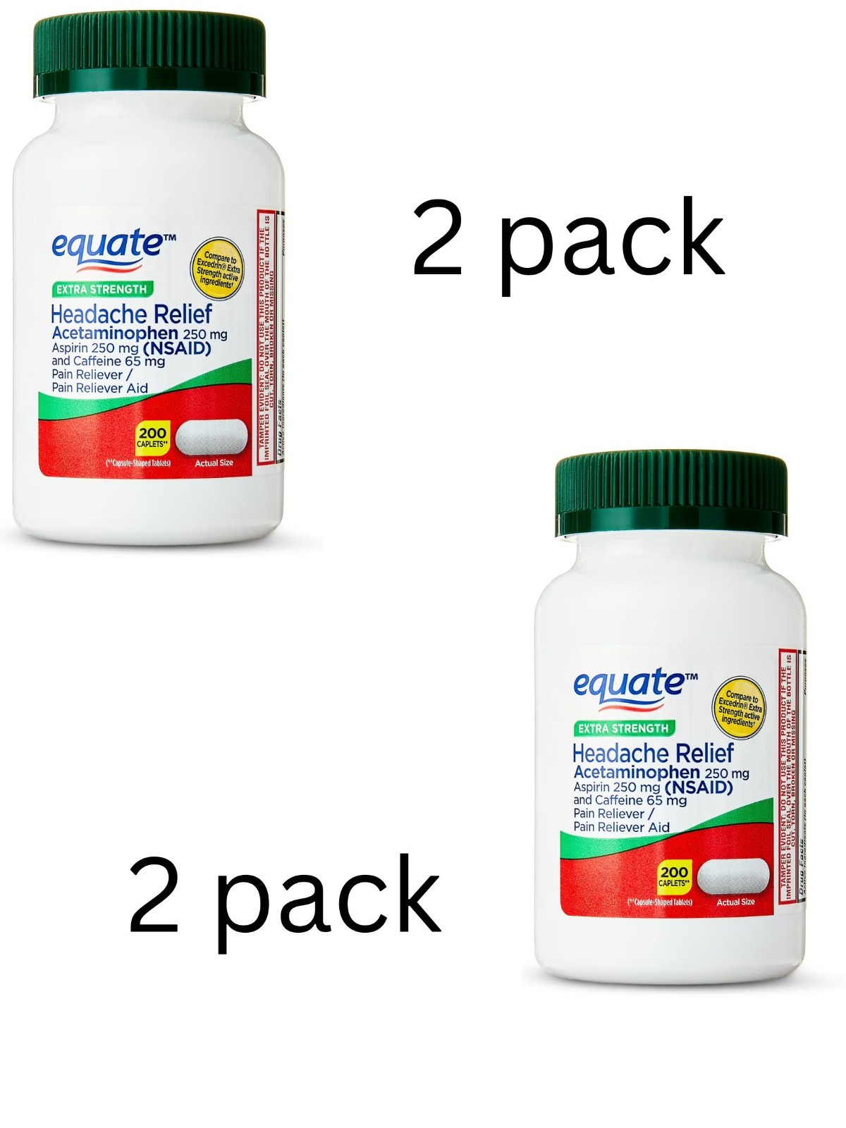 2 PACK Equate Extra Strength Headache Relief Caplets, 250mg, 200 Count