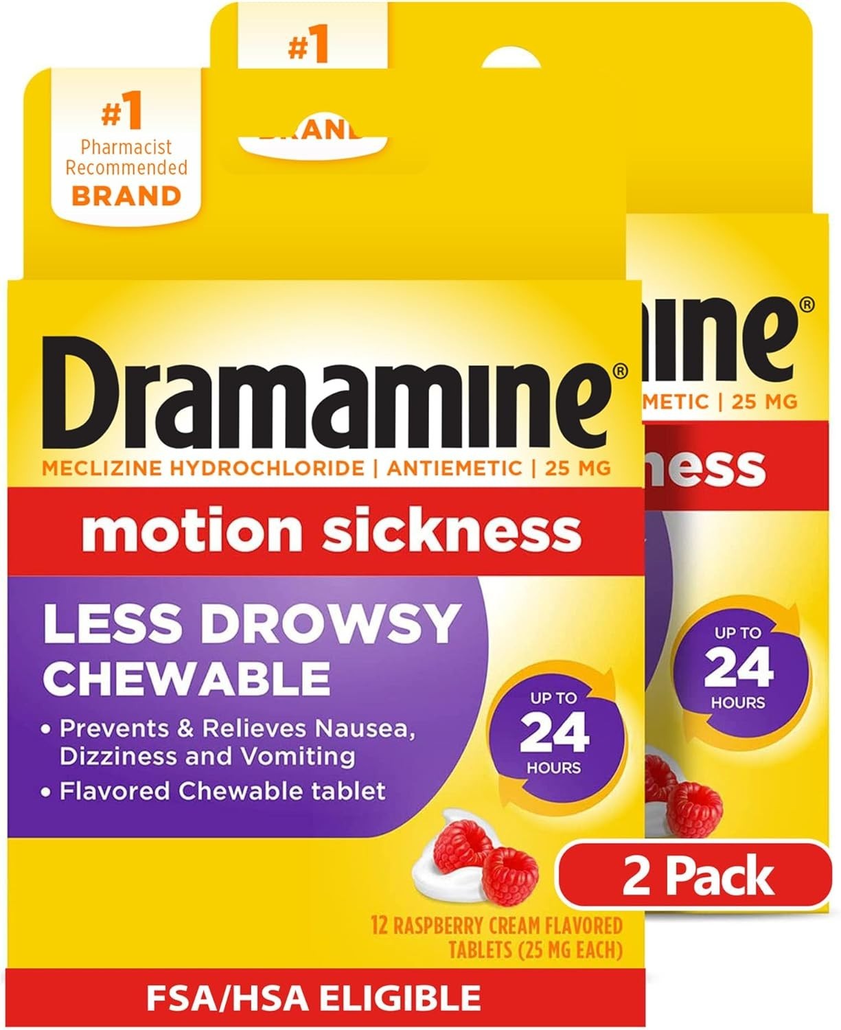Dramamine Motion Sickness Less Drowsy Raspberry Cream Chewable, 12 Ct, 2 Pk | Ch