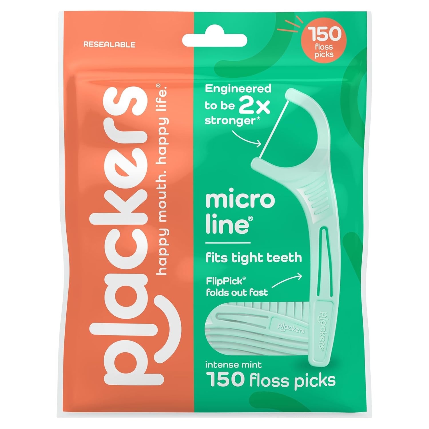 Plackers Micro Line Floss Picks Intense Mint PTFE Free Dental Floss 150 Count