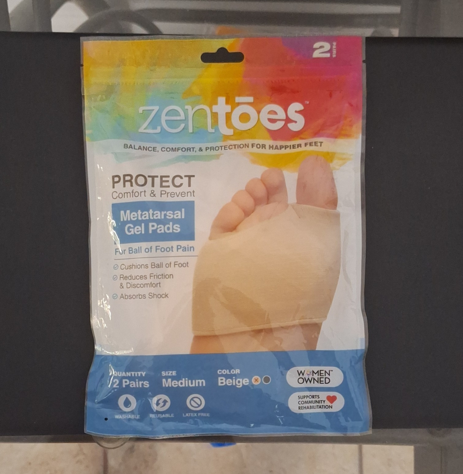 Zentoes Metatarsal Gel Pads Medium Beige Latex Free Washable Reusable 2 Pairs