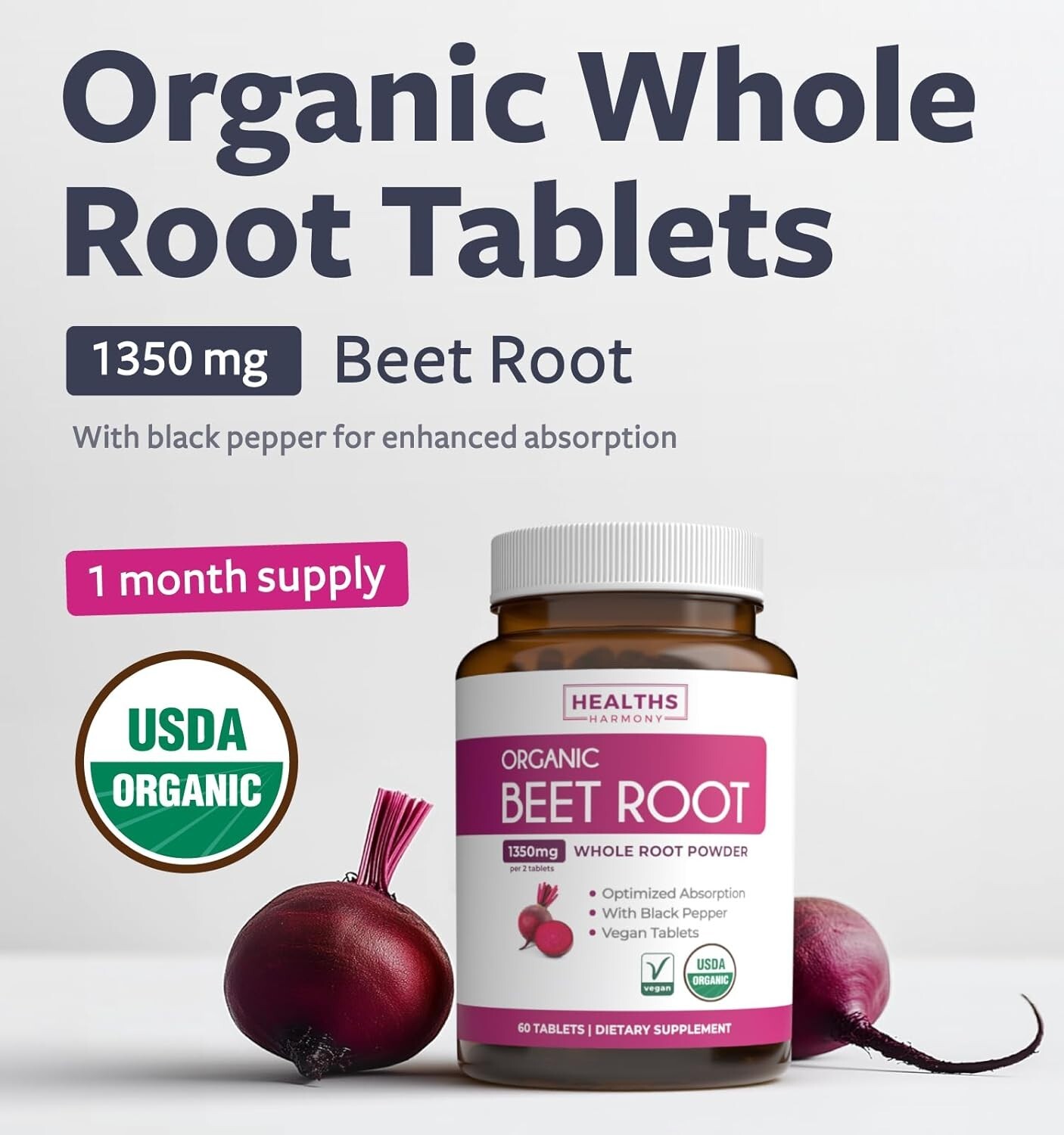 USDA Organic Beet Root Powder 1350mg Beets Per Serving, Black Pepper, 60 ct