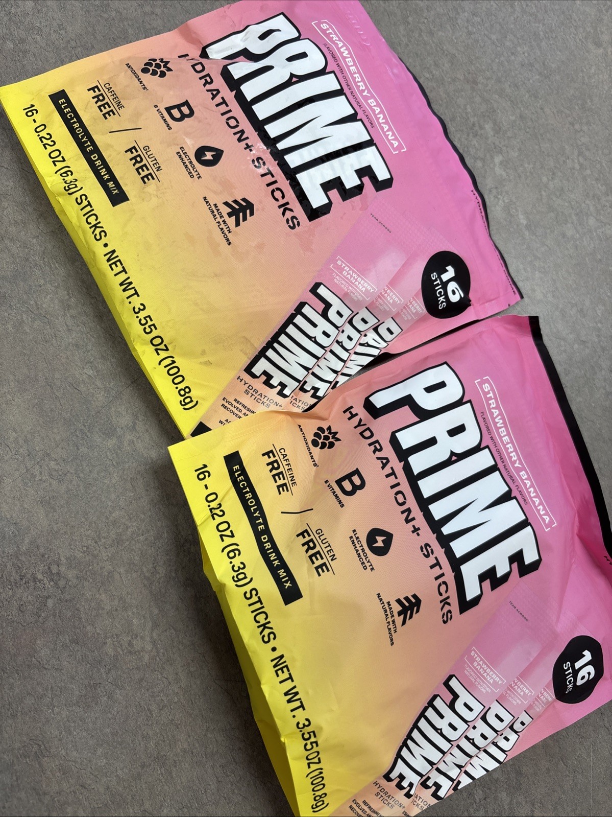 Prime Hydration+ Strawberry Banana Electrolyte Drink Mix Sticks 32 Sticks. 02/28